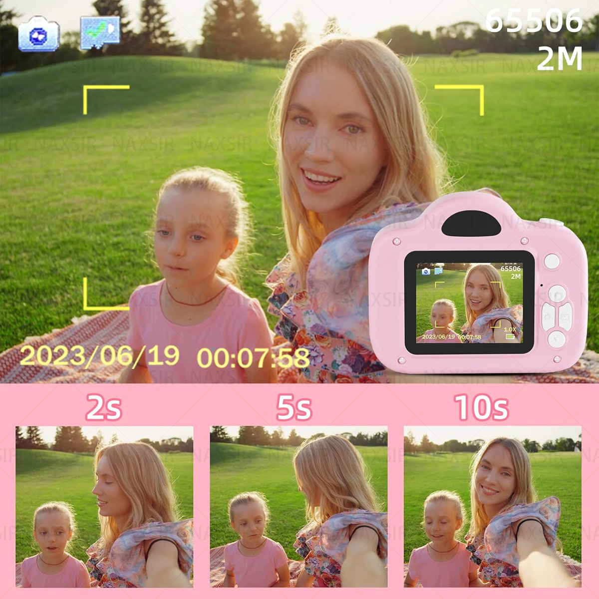 Donna e bambina con fotocamera rosa. Tre immagini più piccole mostrano la stessa scena a 2, 5 e 10 secondi.