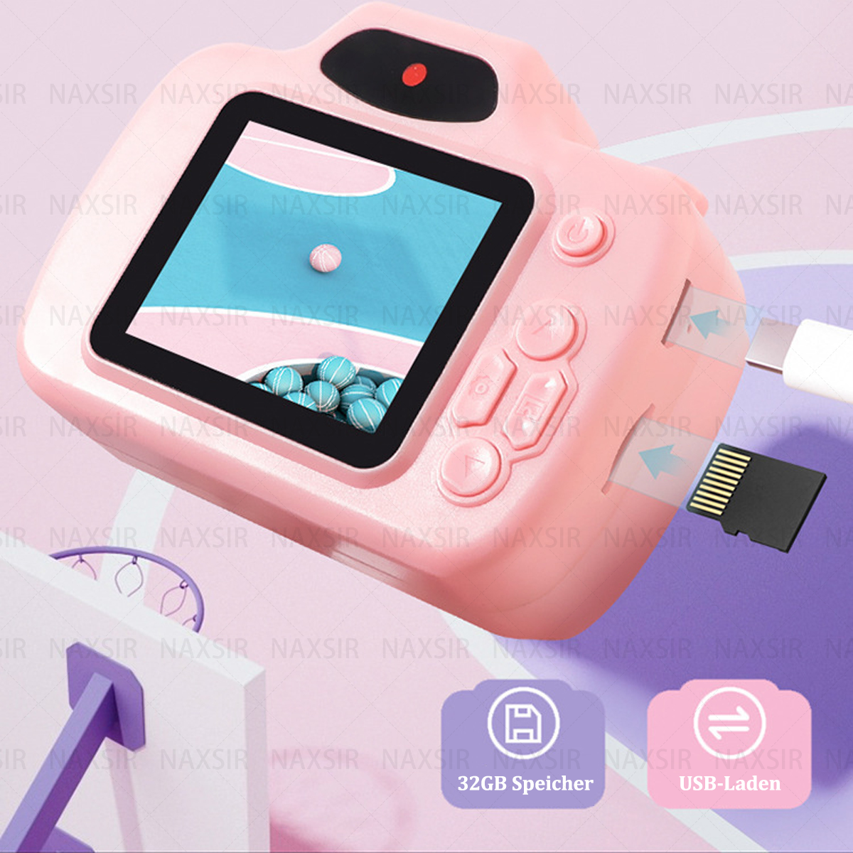 Una fotocamera rosa per bambini con uno schermo che mostra palle blu e una porta USB.