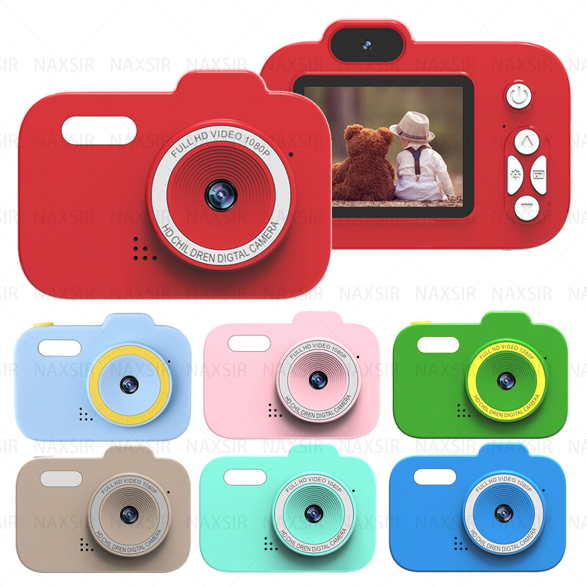 Diverse fotocamere per bambini colorate in diversi colori, rosso, blu, rosa, verde e altro ancora.
