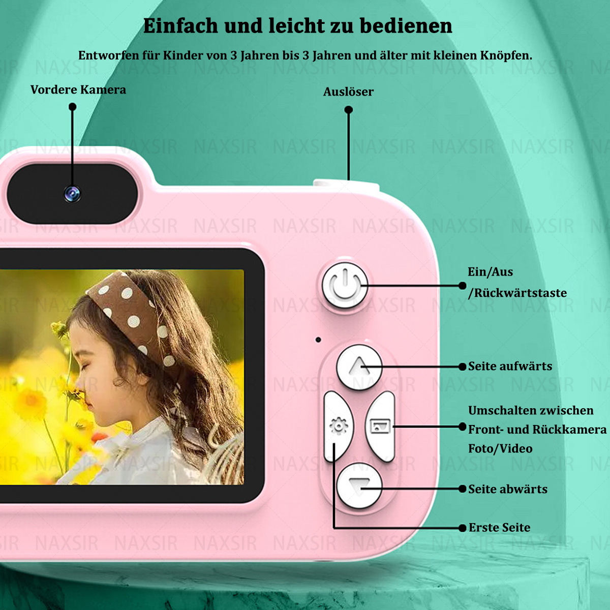 Primo piano di una fotocamera rosa con pulsanti etichettati e la foto di una ragazza sullo schermo.