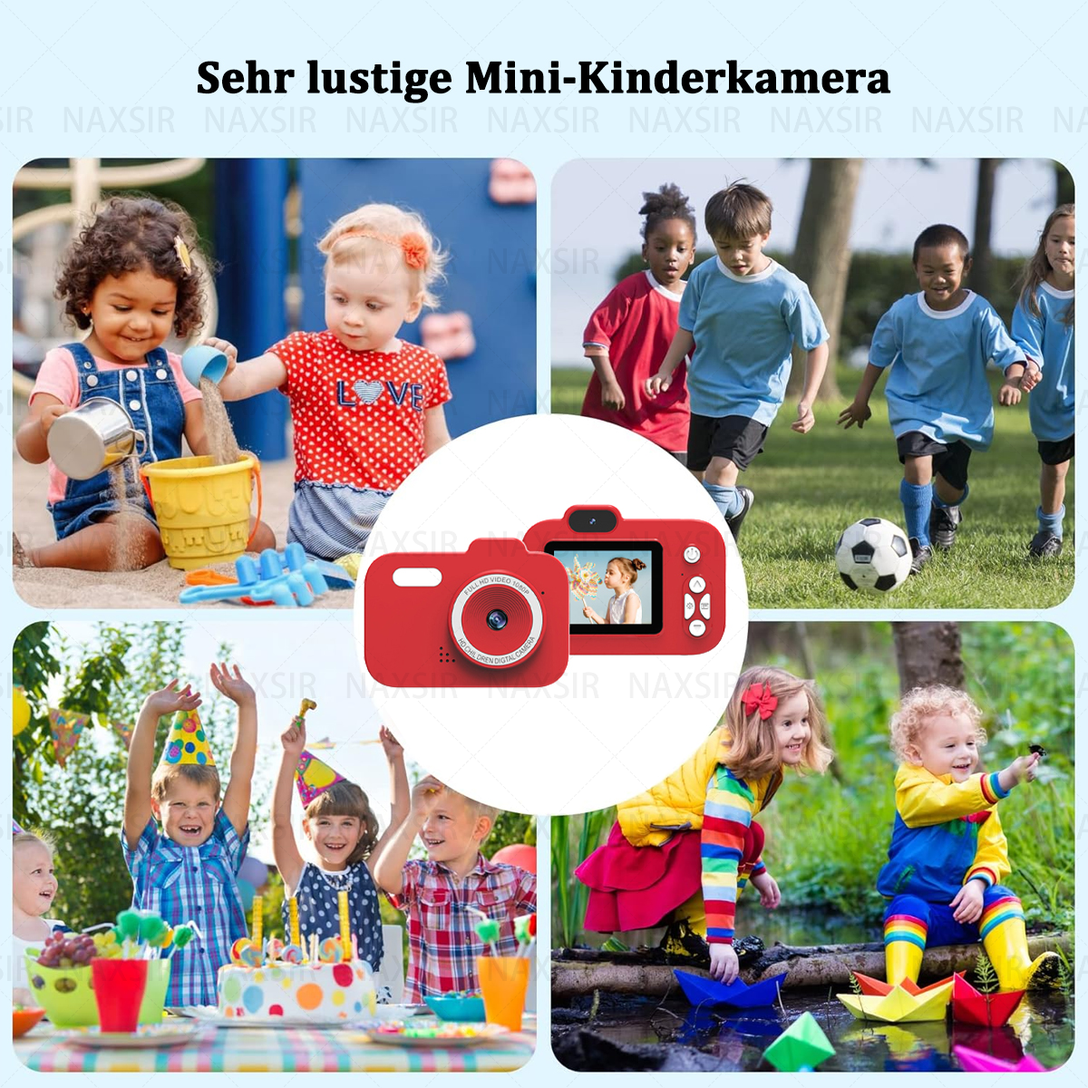 Un collage di bambini che giocano con una fotocamera rossa, che si divertono in vari ambienti esterni.