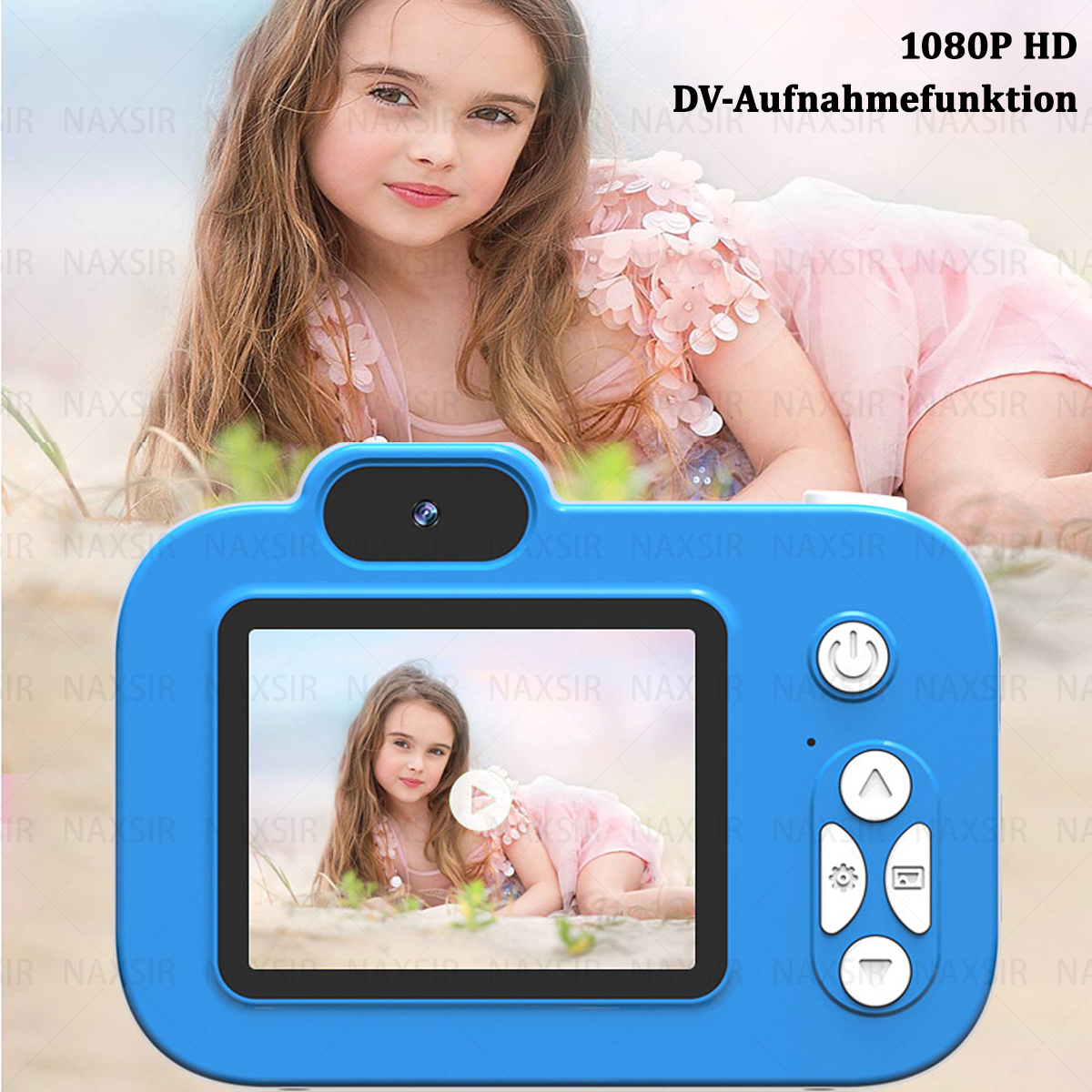 Una fotocamera blu con una ragazza sullo schermo. La ragazza è sdraiata. Testo e pulsanti sono sulla fotocamera.
