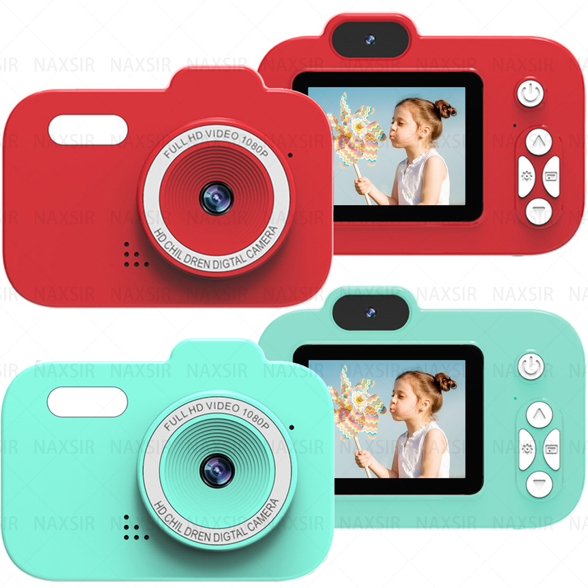 Tre fotocamere, rosse e verdi, con una ragazza che soffia su una girandola. Ogni fotocamera ha un obiettivo e uno schermo.