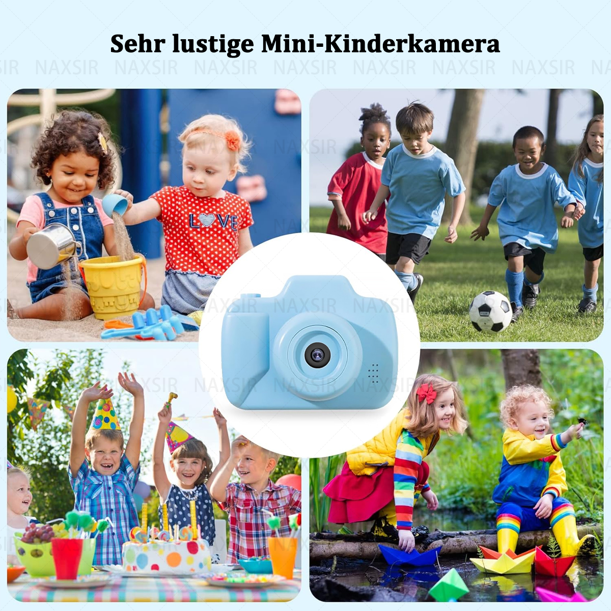 Una fotocamera blu circondata da immagini di bambini che giocano con la sabbia, corrono e mangiano la torta.