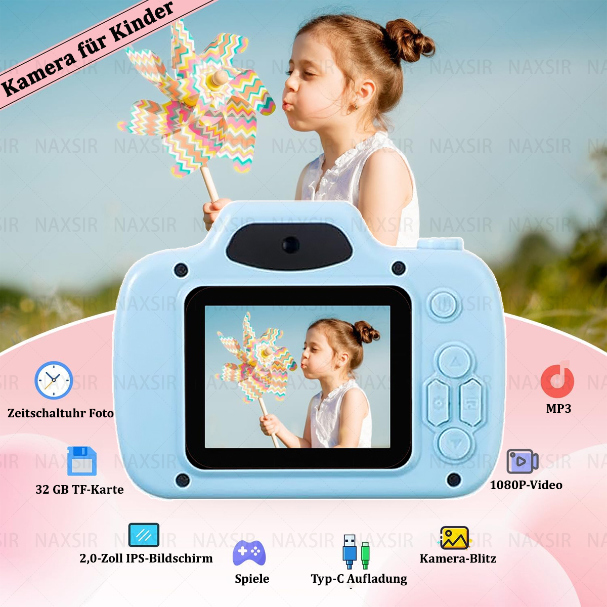 Una fotocamera blu con una ragazza che soffia su una girandola. La fotocamera ha uno schermo e dei pulsanti.