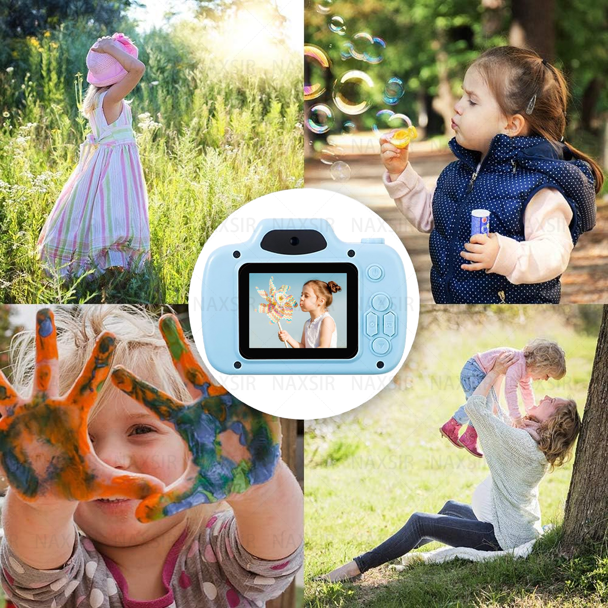 Quattro immagini in un collage, una bambina con bolle, una bambina con le mani dipinte e una fotocamera.
