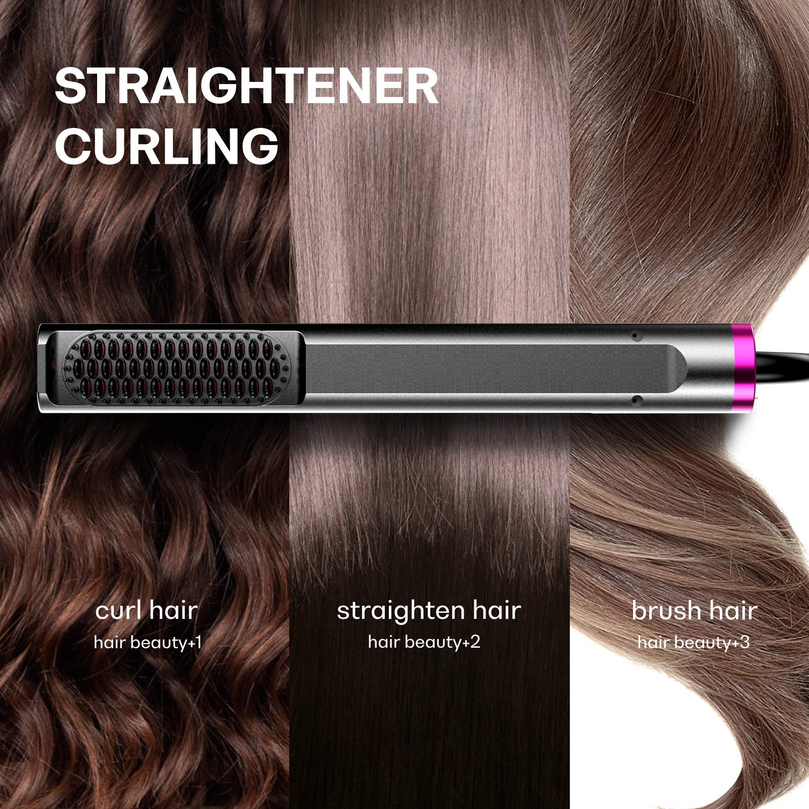 Haarglätter mit verschiedenen Frisuren: Locken, glätten, bürsten. Text: Glätten Locken.