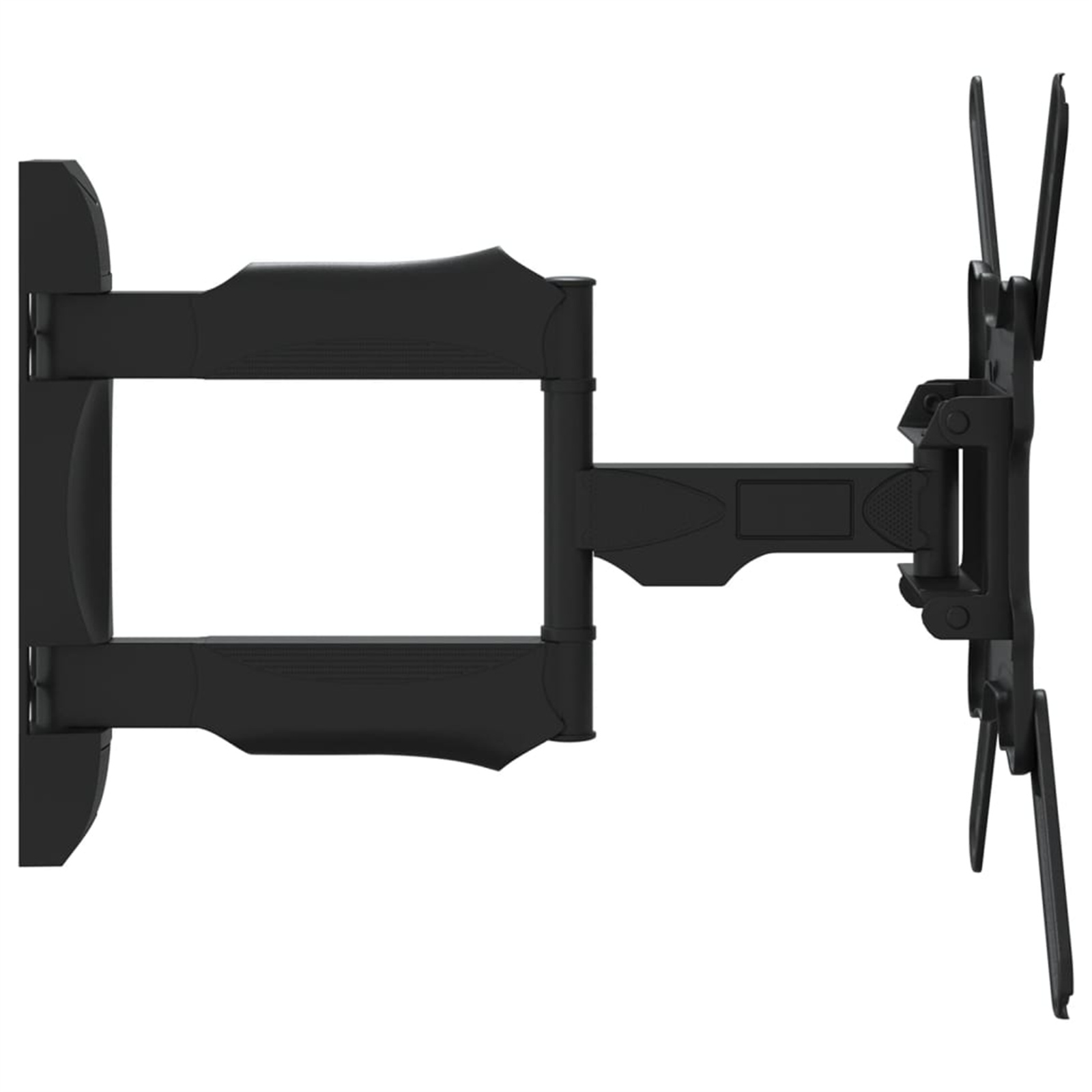 Schwarze TV-Wandhalterung, ausgefahren, angewinkelte Ansicht, mit sichtbarer Montagehardware.