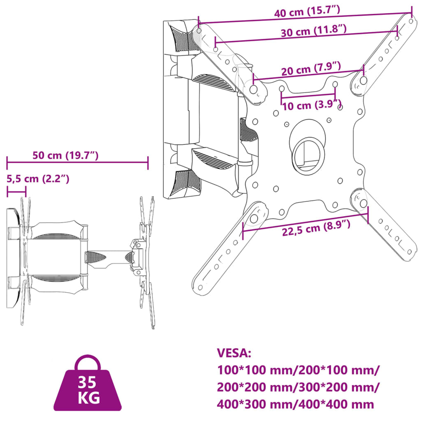 Ein Diagramm mit den Abmessungen einer TV-Wandhalterung, mit Maßen in cm und Zoll, und Gewicht in kg.