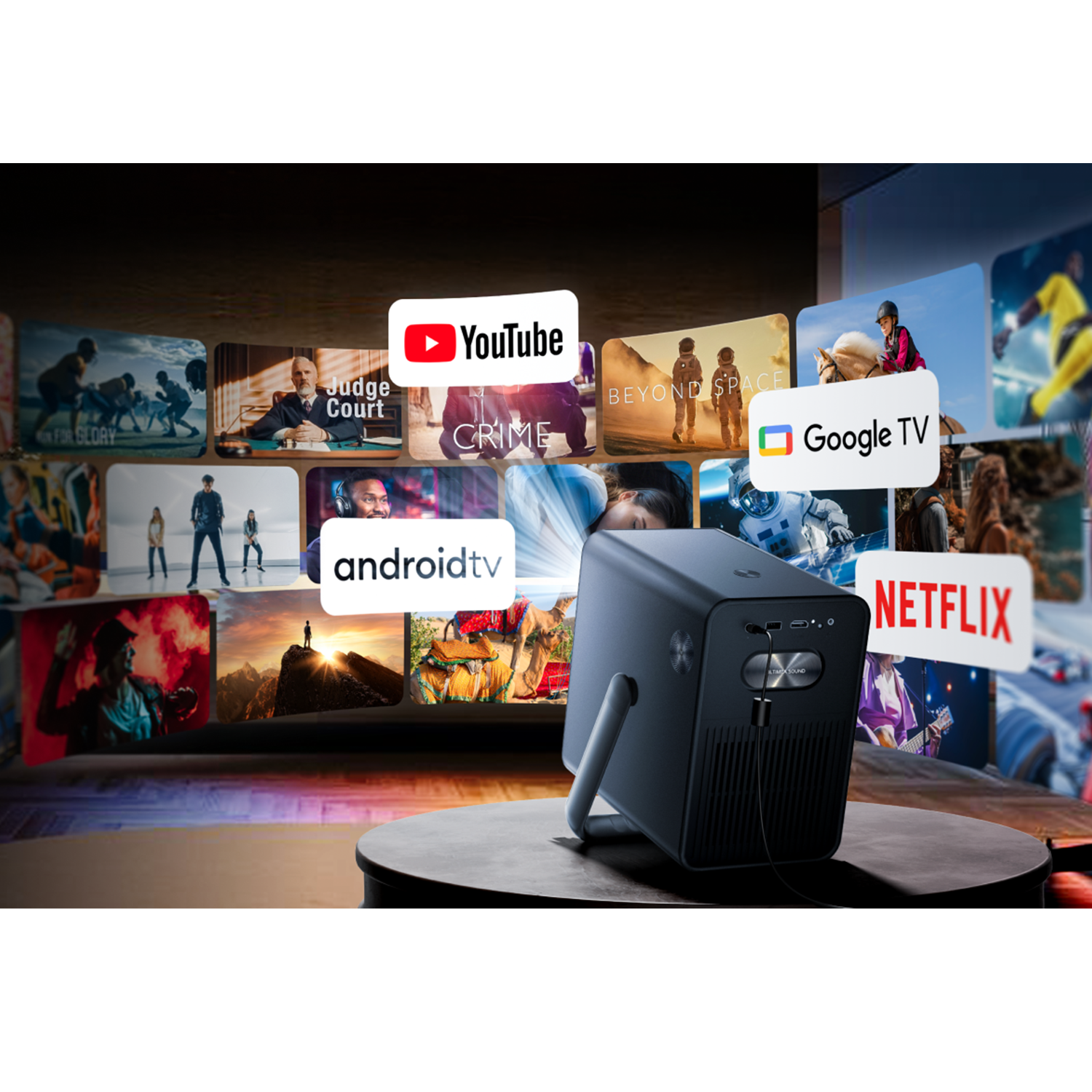 Projektor zeigt Movie-Apps wie YouTube und Netflix auf einem großen Bildschirm.