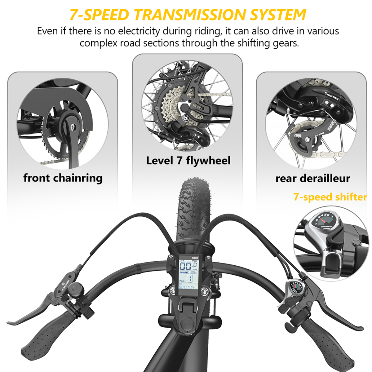 Zbliżenie na elementy roweru: przednia zębatka, tylna przerzutka i 7-biegowa dźwignia zmiany biegów.