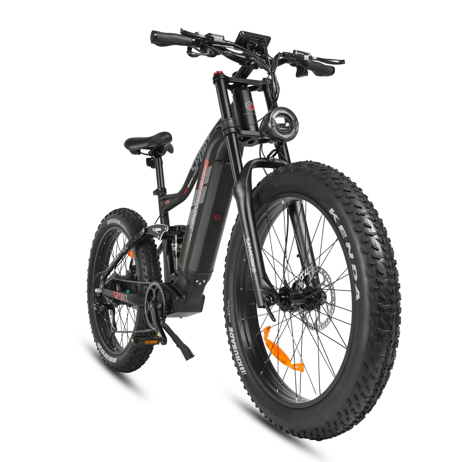 Czarny e-rower z przodu, grube opony, reflektor, białe tło, naklejka SAMBIKE.