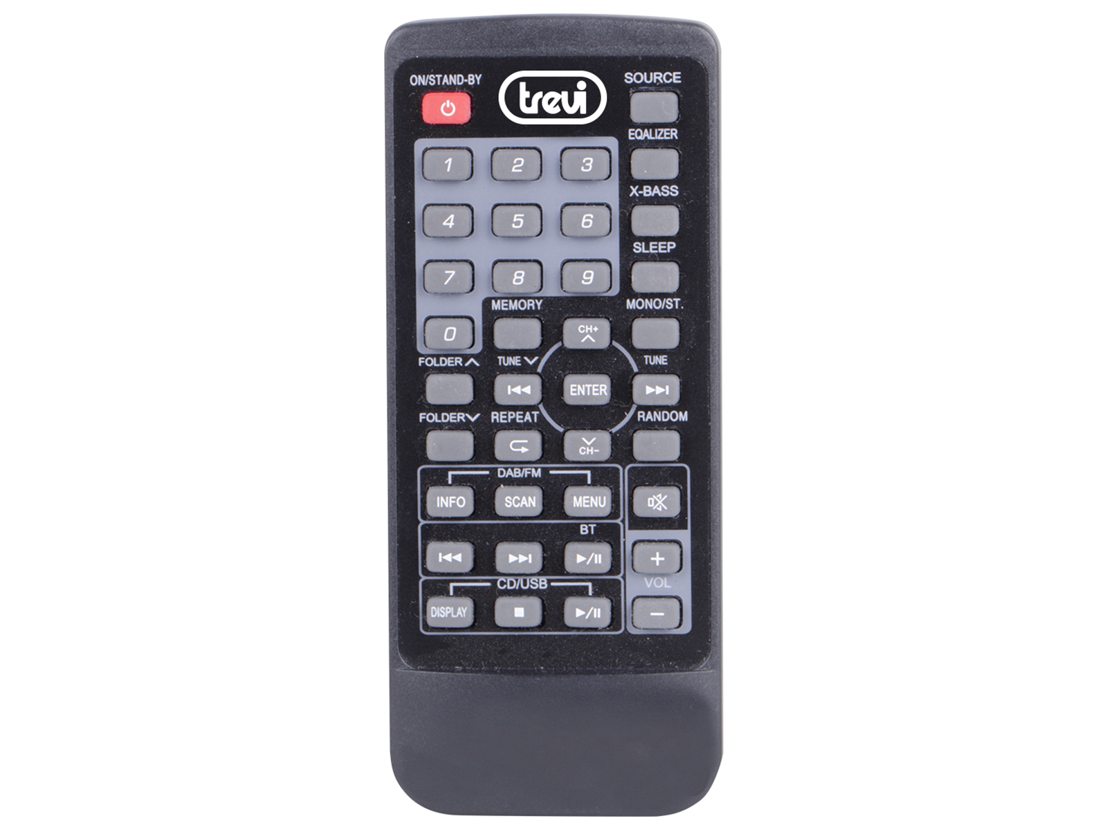 Czarny pilot z logo Trevi. Wiele przycisków na powierzchni. Białe tło.
