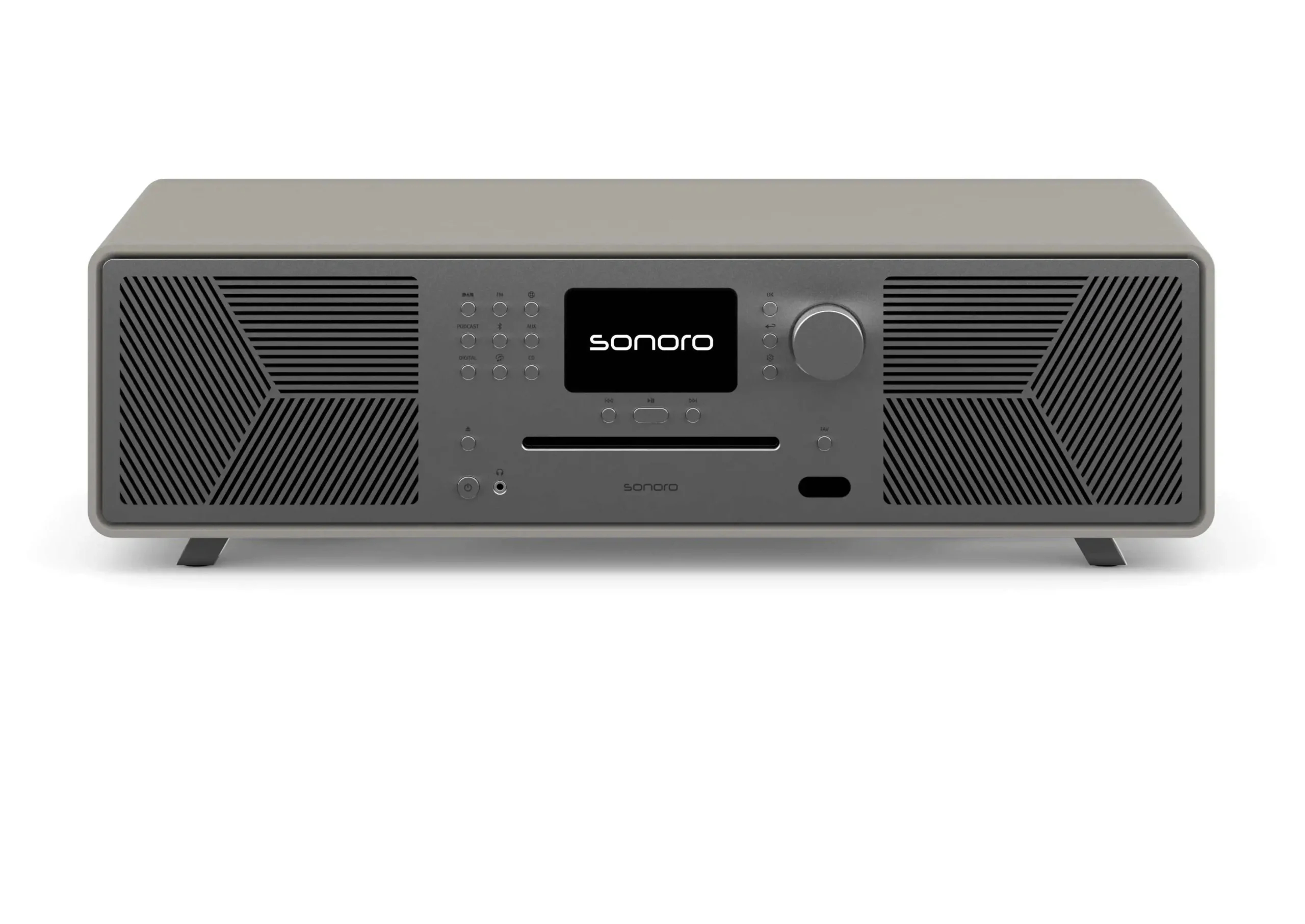 Szary system stereo Sonoro z wyświetlaczem i kontrolkami na białym tle.
