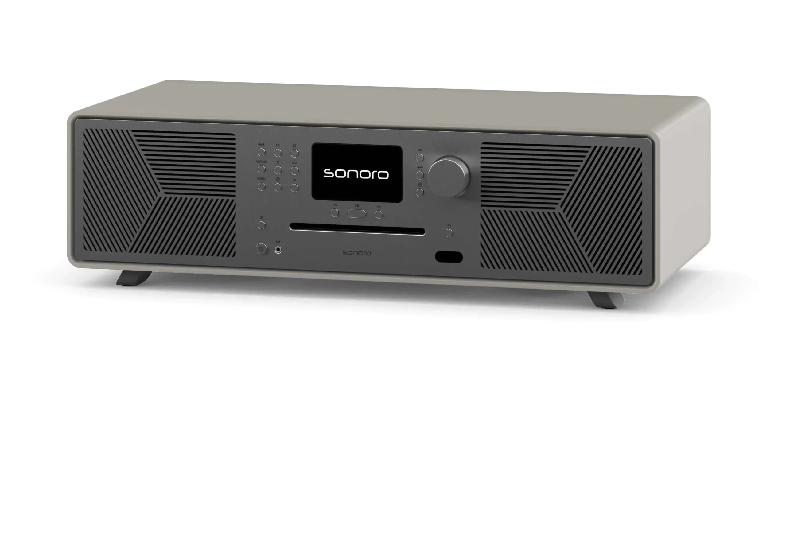 Szare radio Sonoro z maskownicami głośników, wyświetlaczem i elementami sterującymi. Znajduje się na białej powierzchni.