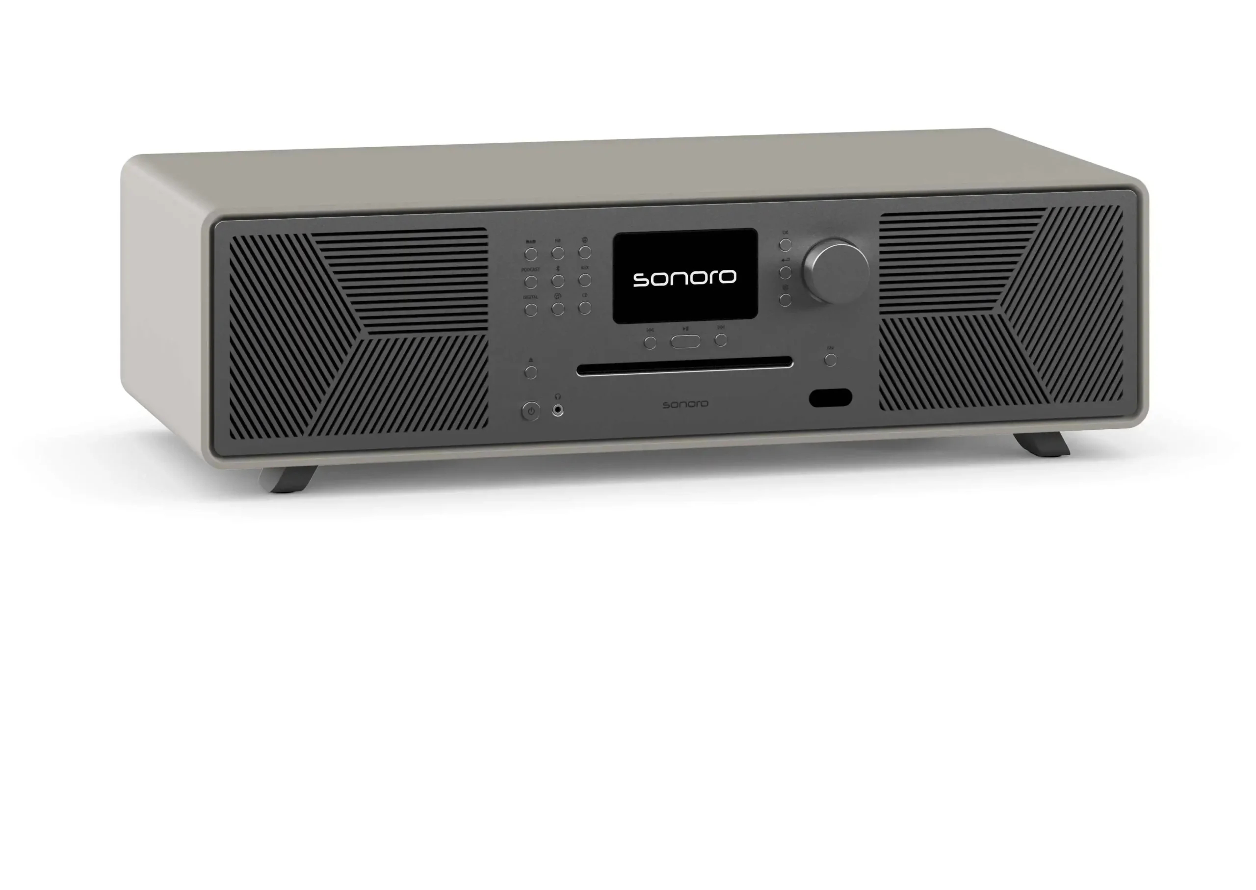 Szare radio Sonoro z maskownicami głośników, wyświetlaczem i elementami sterującymi. Znajduje się na białej powierzchni.