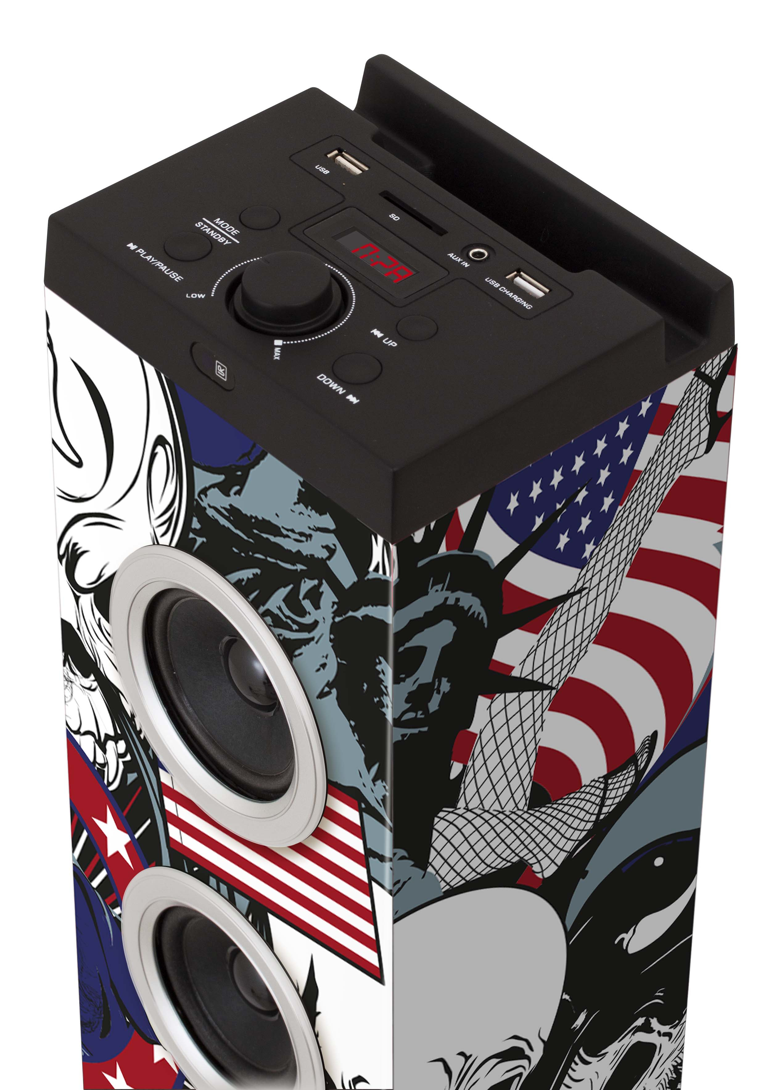 Un altoparlante con un design a bandiera USA. I pulsanti e le porte sono in alto. Lo sfondo è bianco.