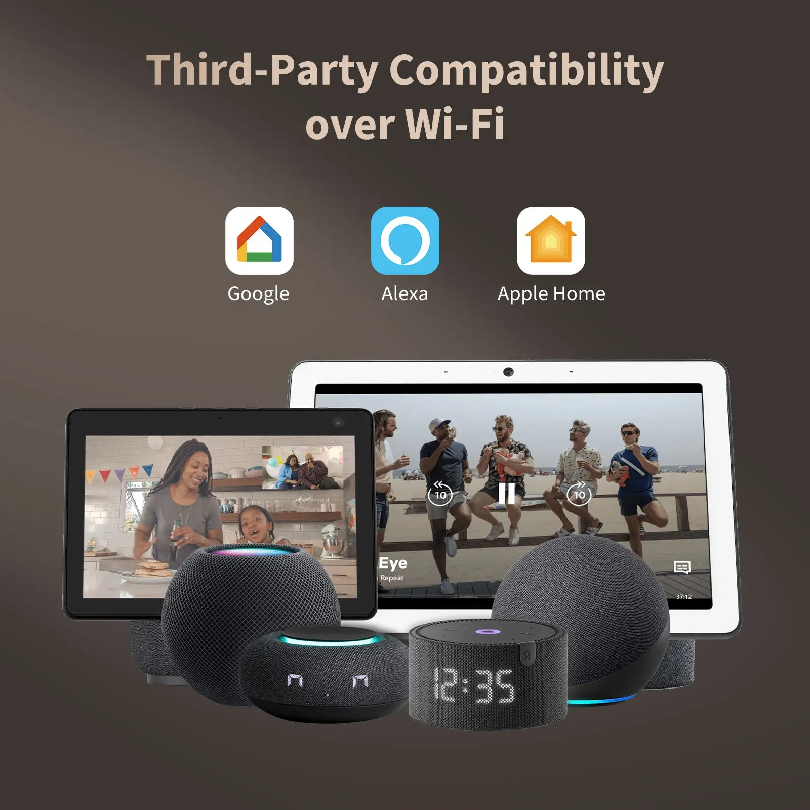 Inteligentne głośniki i urządzenia, w tym tablet, z ikonami zgodności.