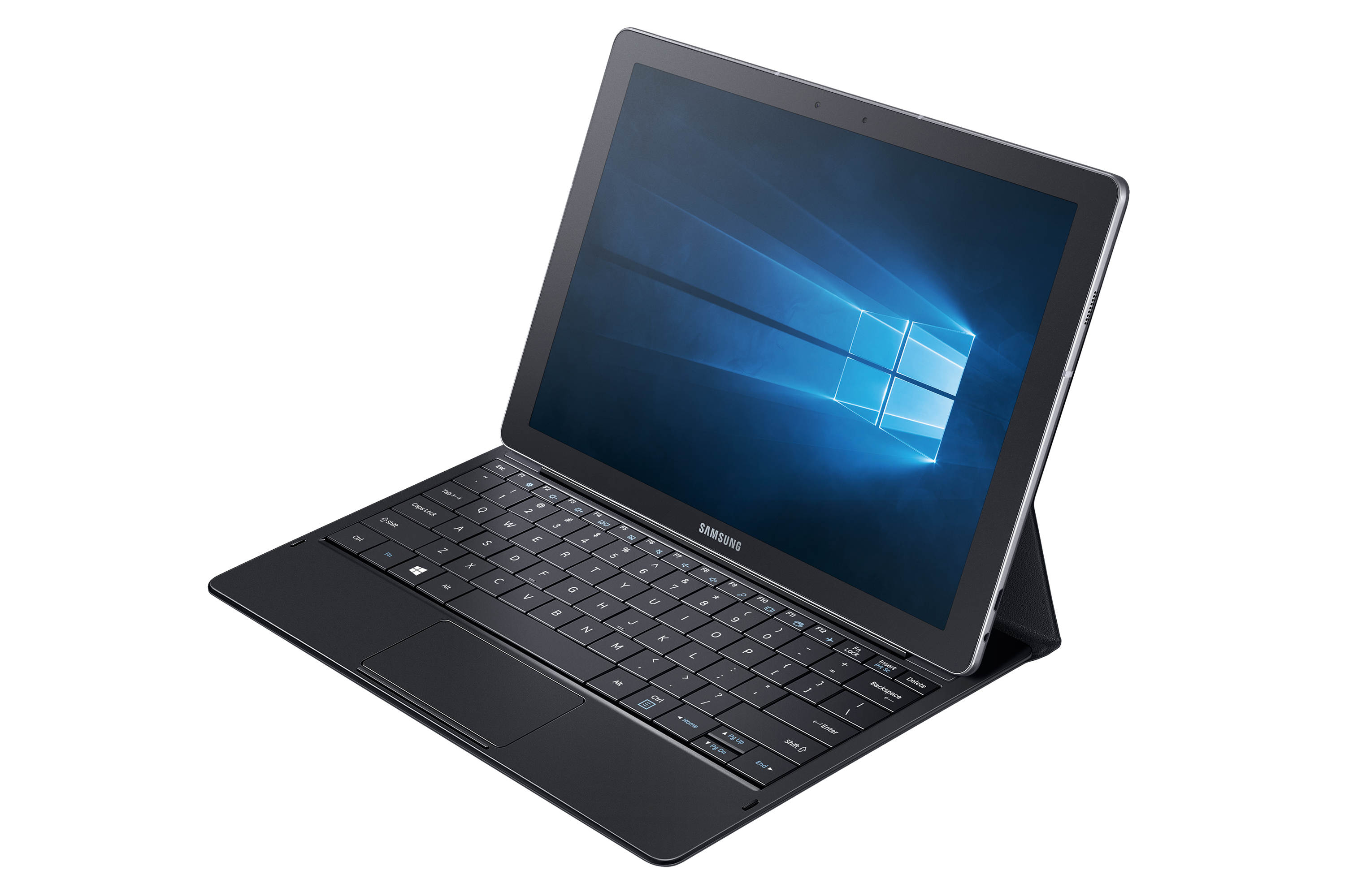 Schwarzes Tablet mit Tastatur, Windows-Oberfläche, weißer Hintergrund.
