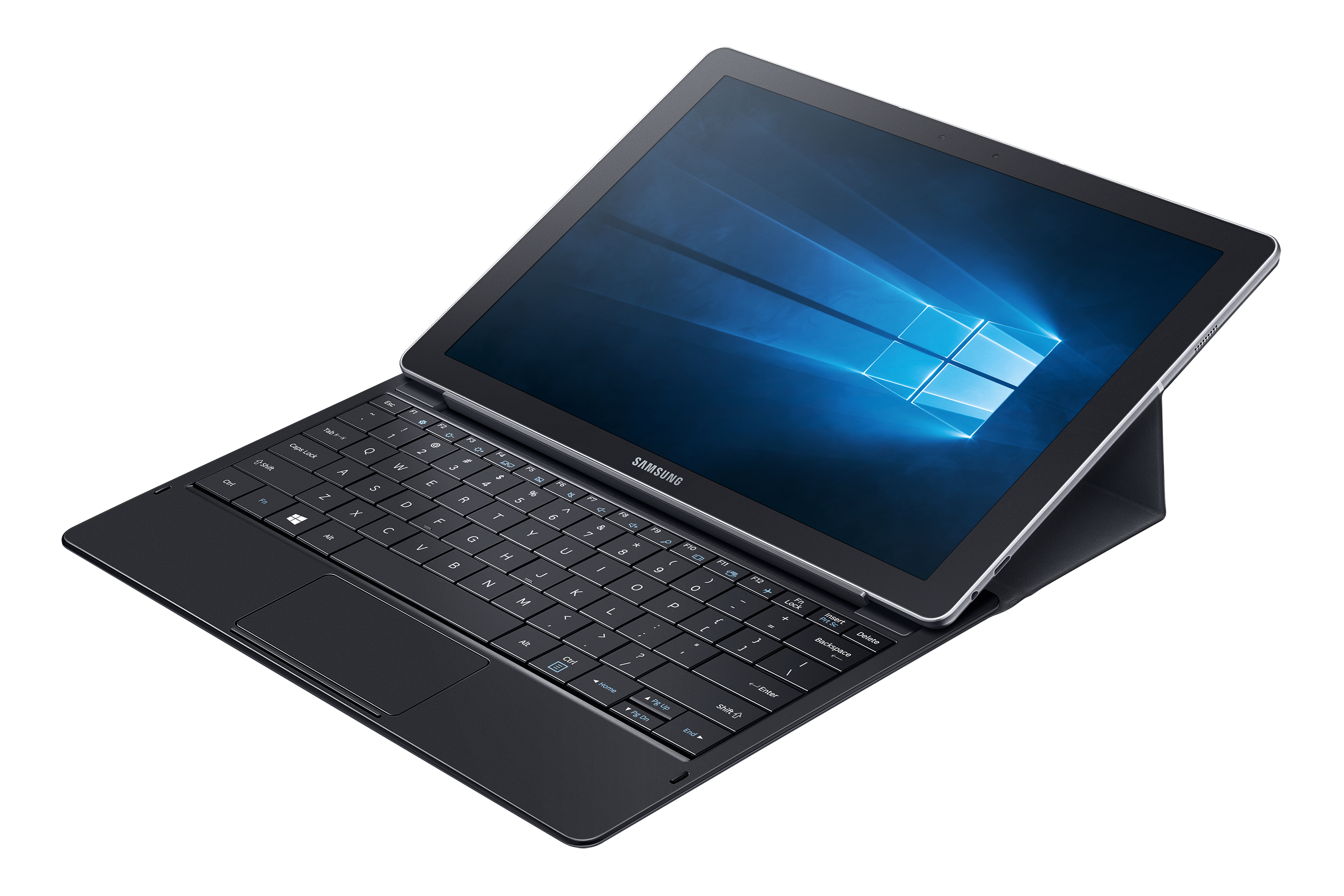 Schwarzes Tablet mit angeschlossener Tastatur. Bildschirm zeigt Windows-Oberfläche.