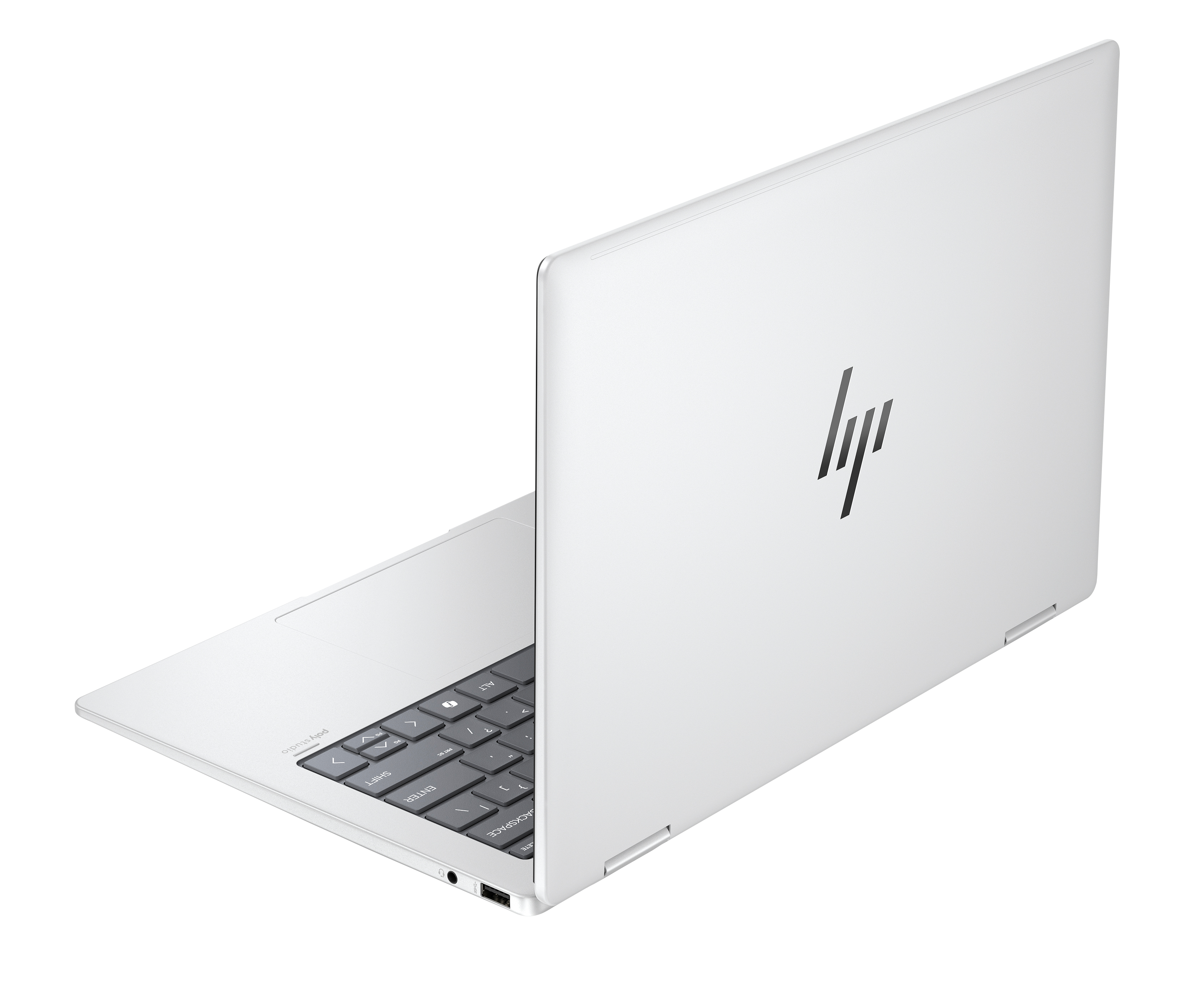 Biały laptop HP, widok z tyłu. Ekran jest zamknięty. Logo HP z tyłu.