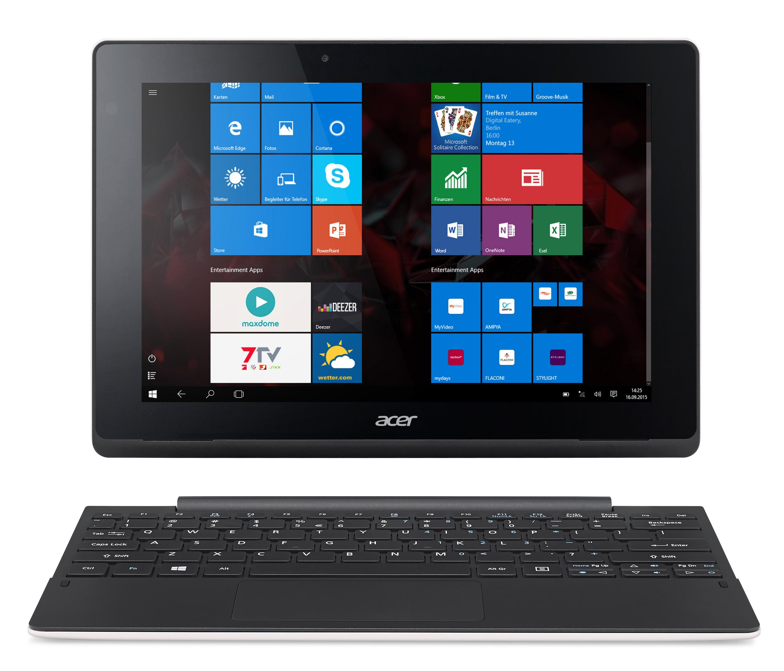 Schwarzes Tablet mit Tastatur. Acer-Logo. Windows-Oberfläche auf dem Bildschirm angezeigt.