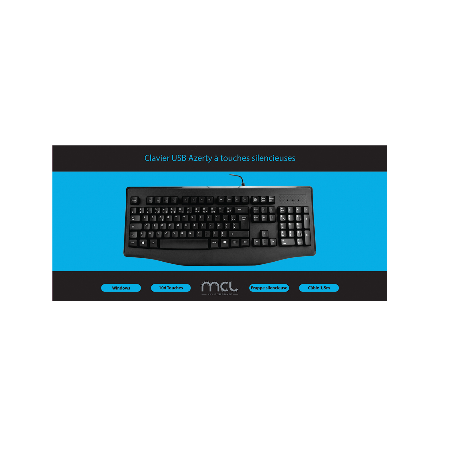 Tastiera nera con sfondo blu. Testo 'Clavier USB Azerty à touches silencieuses'.