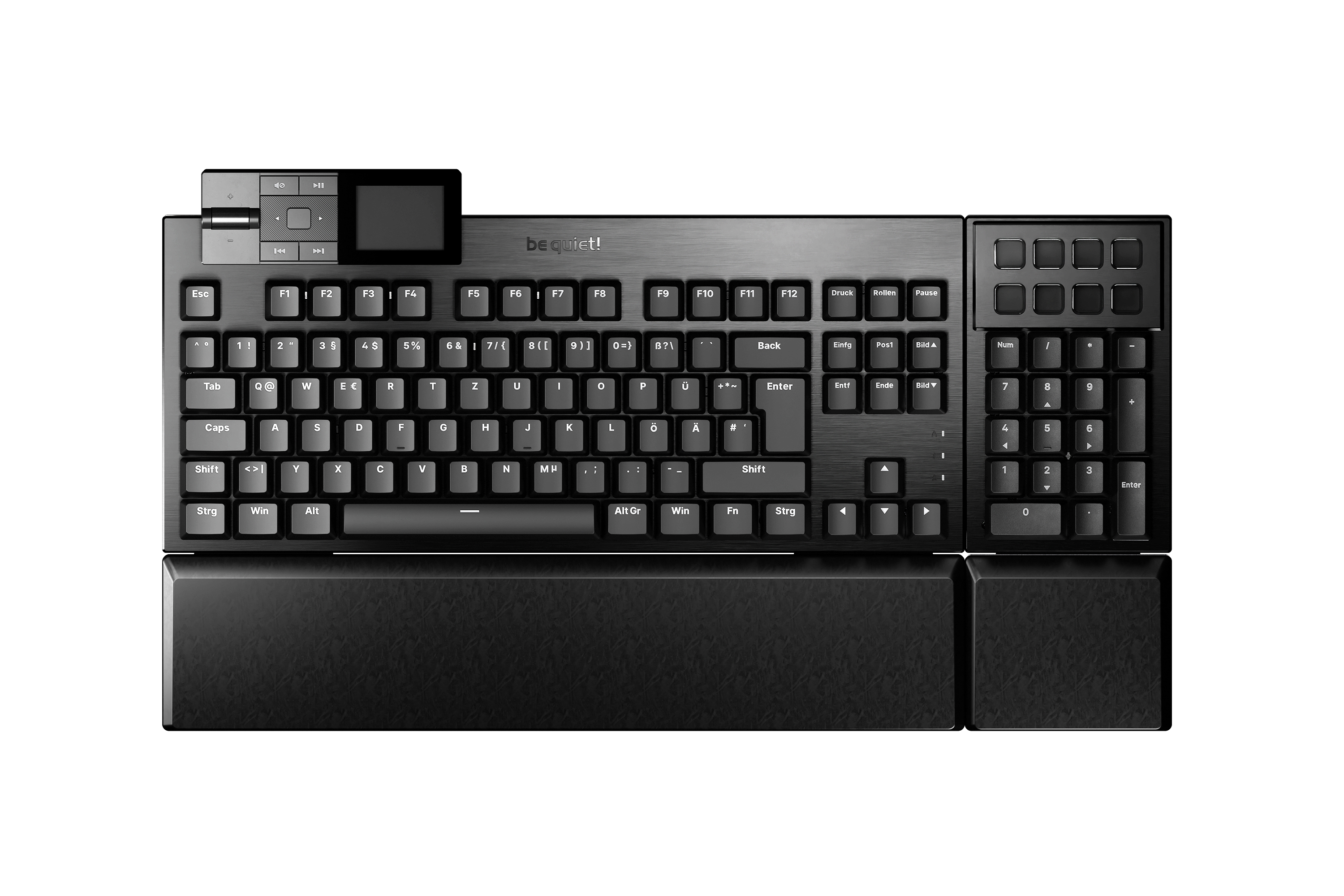 Schwarze Tastatur mit separatem Nummernblock und Multimediatasten. 'be quiet!' ist aufgedruckt.