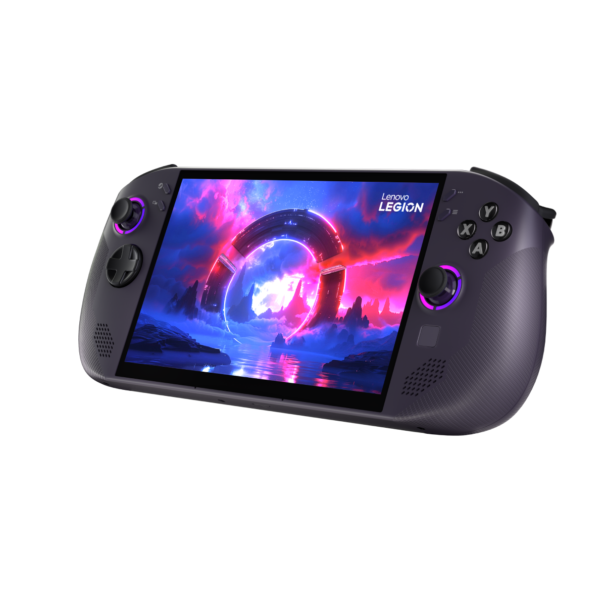 Lenovo Legion Go Handheld-Konsole. Der Bildschirm zeigt eine futuristische Szene. Schwarz-lila Design.