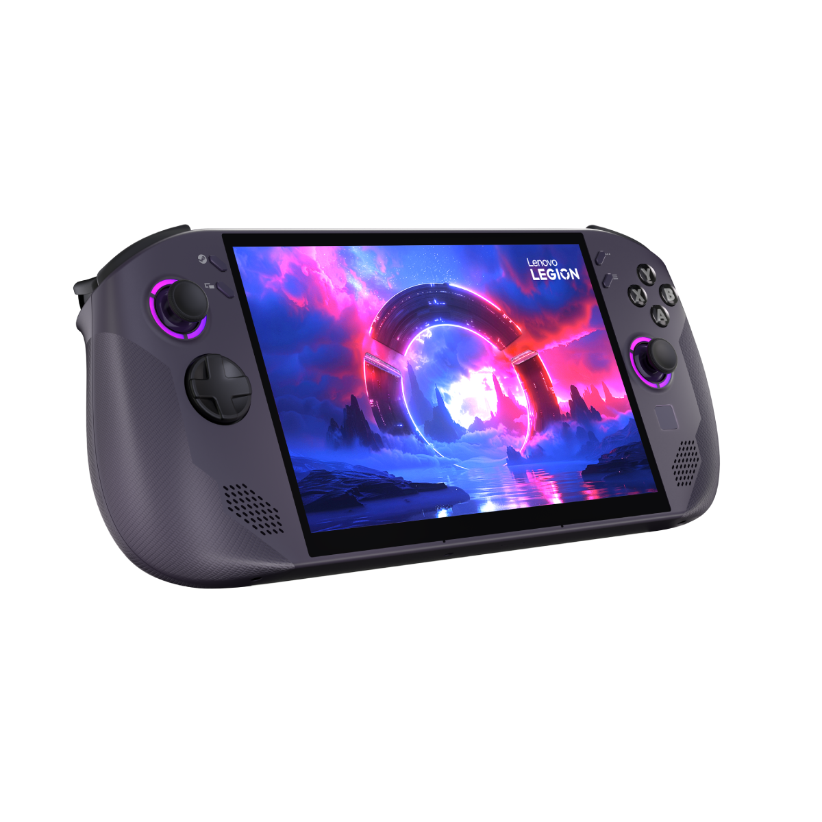 Lenovo Legion Handheld-Gaming-Gerät. Display zeigt futuristische Szene mit lila Akzenten.