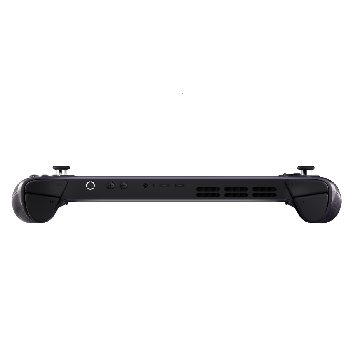 Draufsicht auf eine Lenovo Legion Go Handheld-Konsole. Schwarz mit Knöpfen, Joysticks und Anschlüssen.