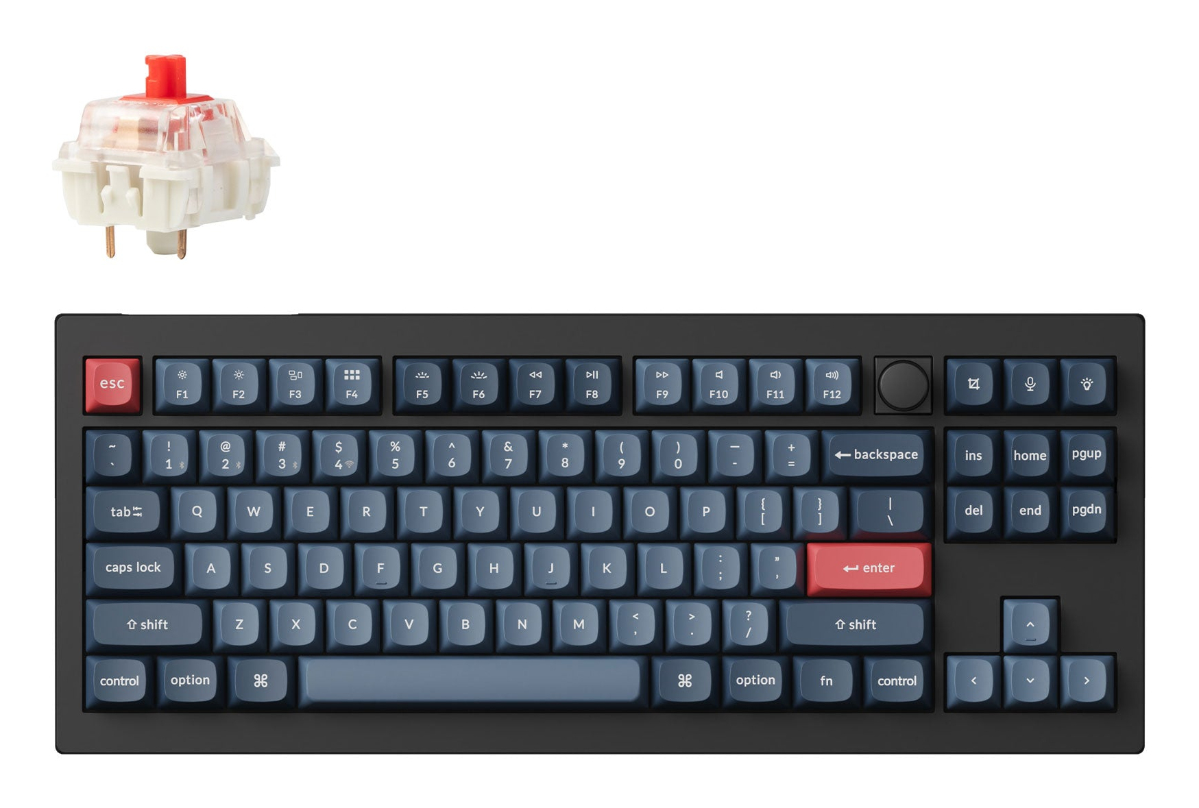 Una tastiera nera con tasti blu, tasti escape e invio rossi e un interruttore meccanico sopra.
