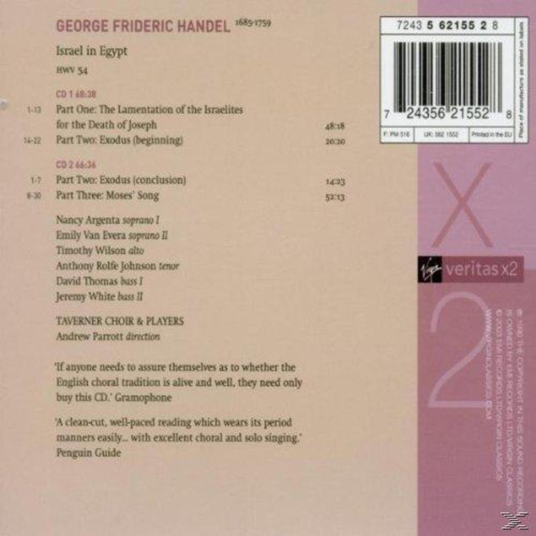 Copertina del CD per l'Israel in Egypt di George Frideric Handel. Il testo è in inglese. Logo Virgin Veritas.