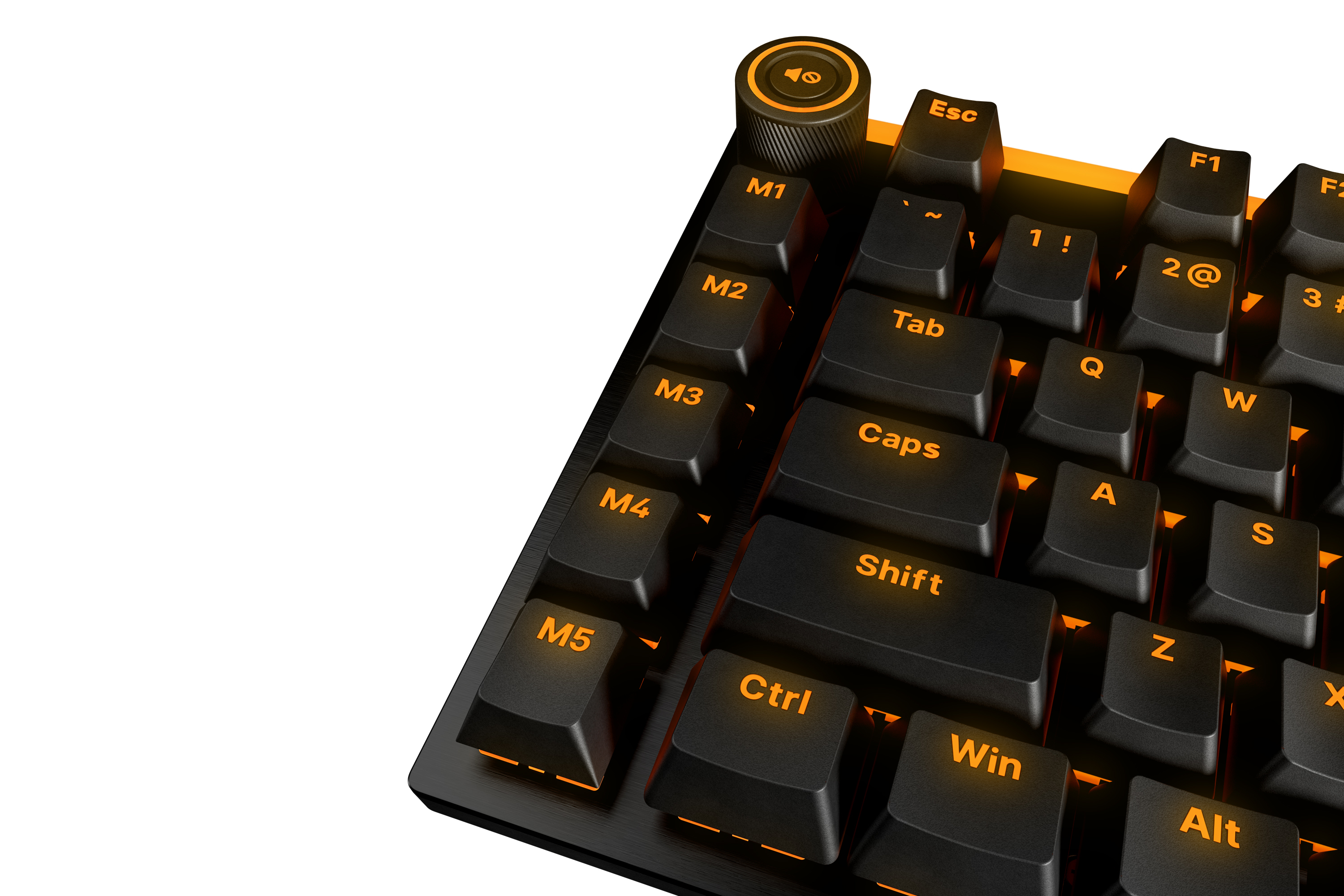 Primo piano di una tastiera meccanica retroilluminata nera e arancione, che mostra tasti come Ctrl, Shift e Win.
