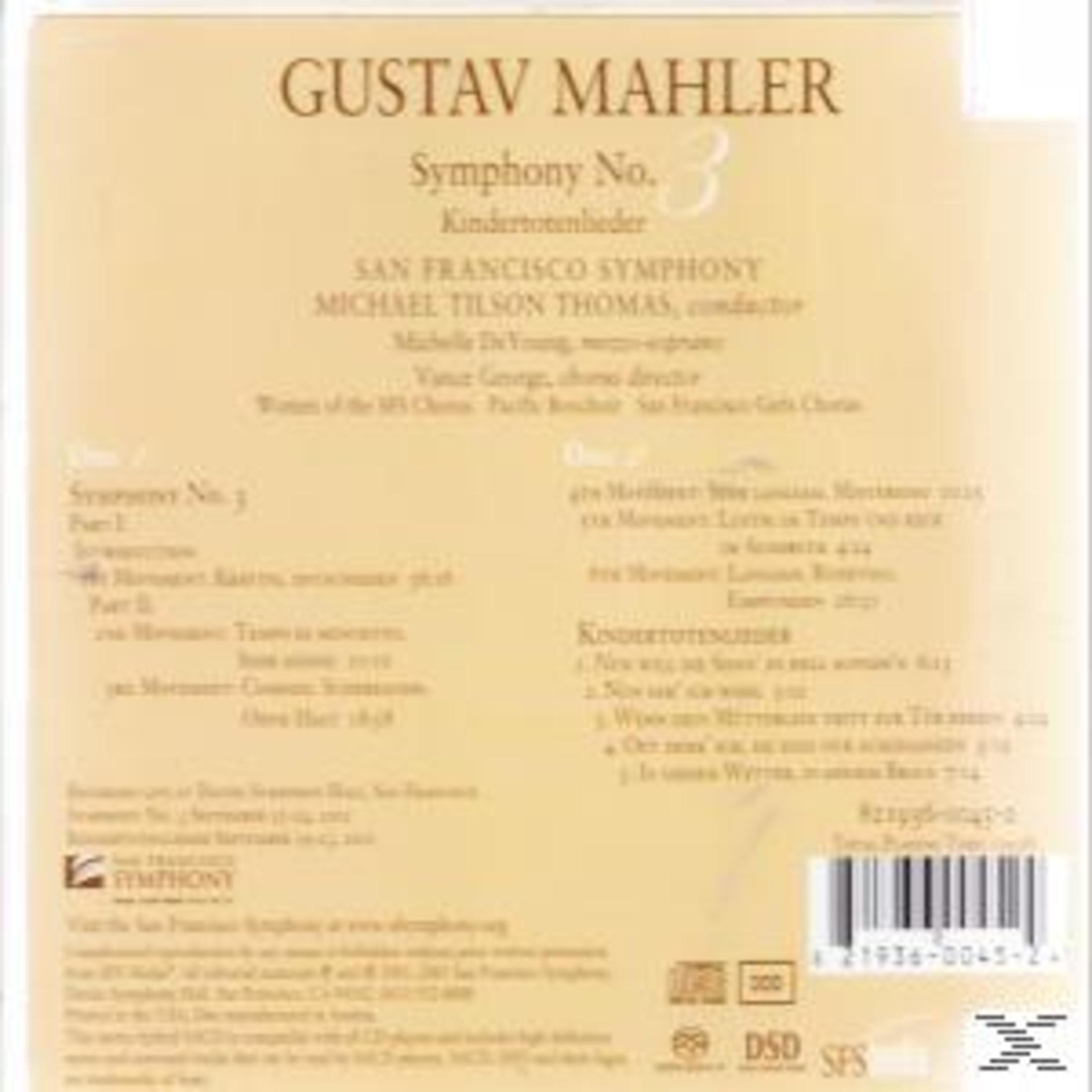 CD-Rückseite mit Text. Enthält Informationen über Gustav Mahlers Symphonie Nr. 3 und das San Francisco Symphony Orchestra.