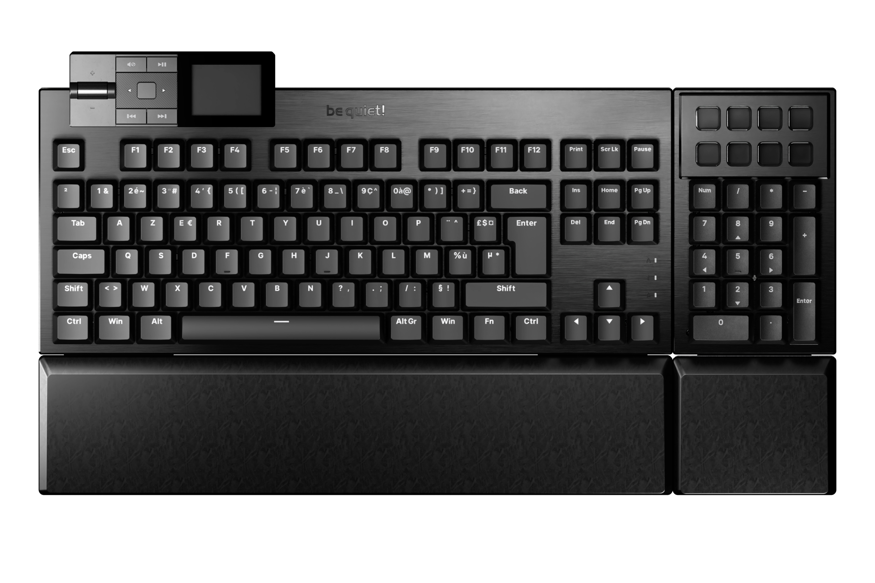 Schwarze Tastatur mit separatem Bedienfeld und Handgelenkauflage, mit weißem Hintergrund.