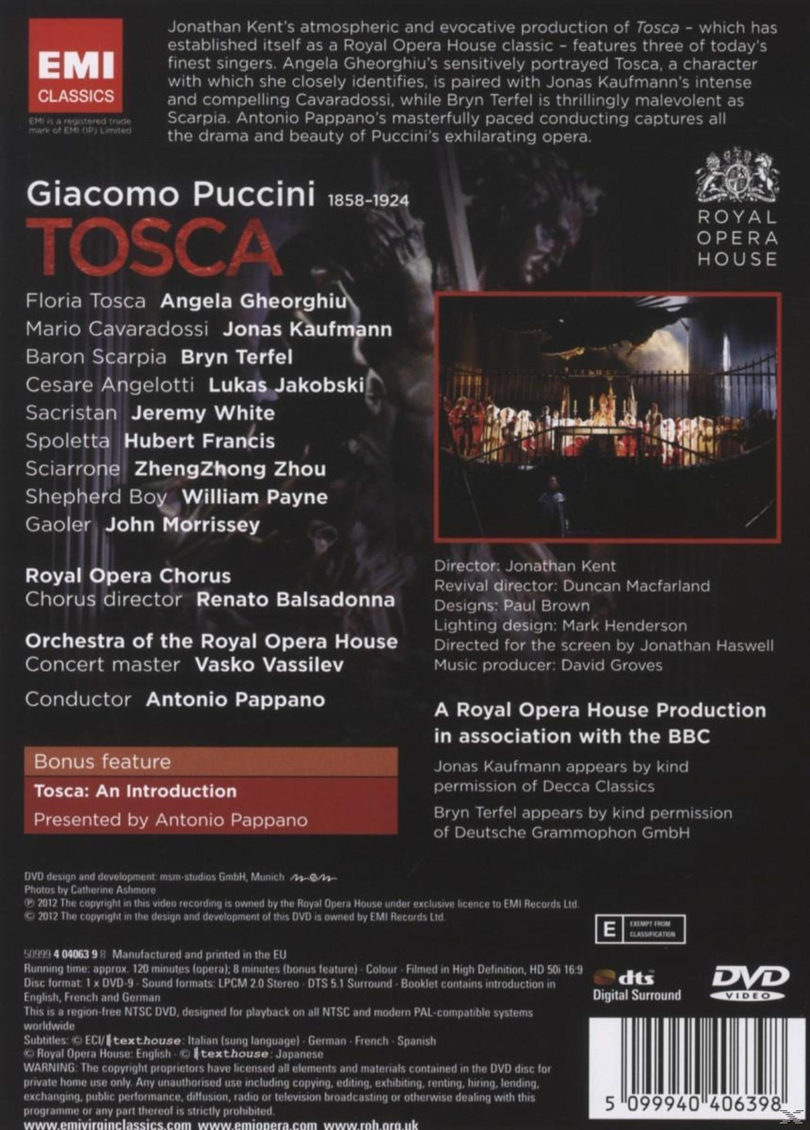 Okładka albumu Tosca, z mężczyzną w kostiumie. The Royal Opera House i tekst na ciemnym tle.