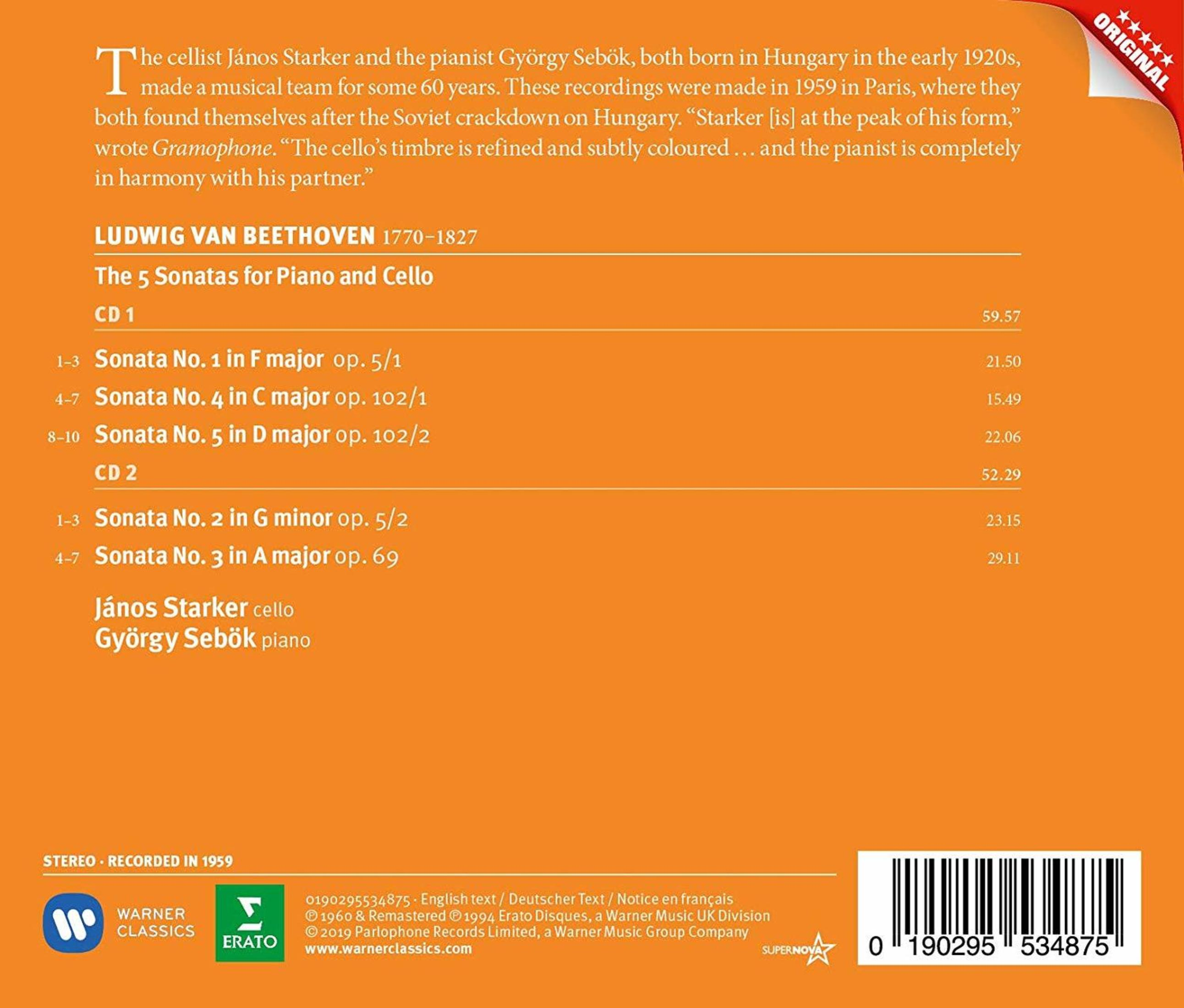 Pochette de CD avec texte listant les sonates pour piano et violoncelle de Beethoven, avec crédits d'artistes et durées des pistes.
