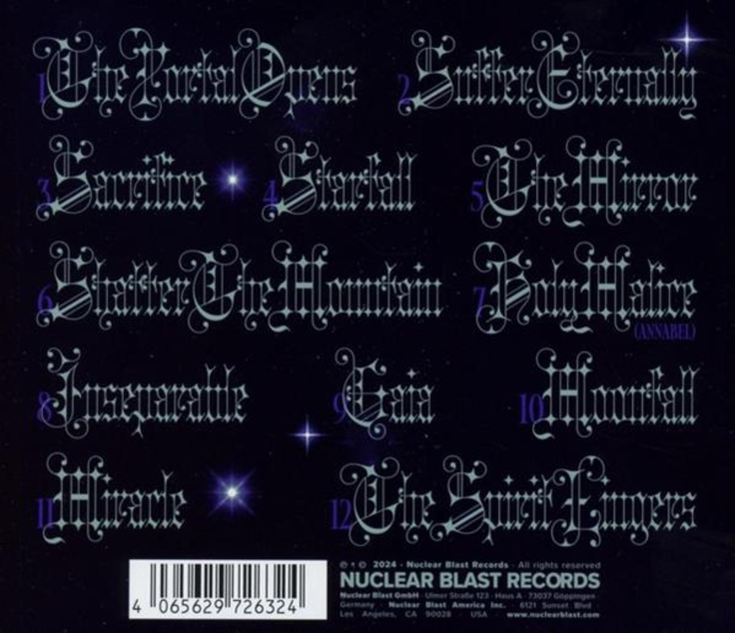 Contraportada del CD con títulos de canciones escritos en una fuente elegante sobre un fondo oscuro.
