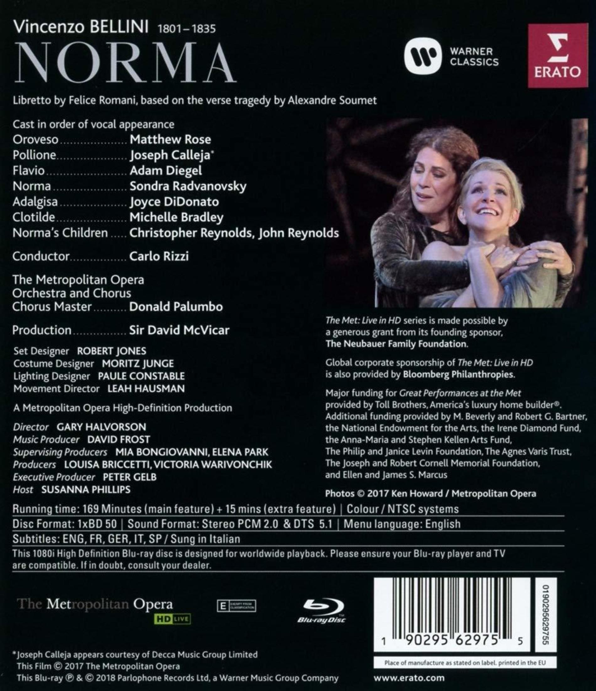 Achterkant van een dvd-hoes met informatie over The Metropolitan Opera, met de opera 'Norma'.