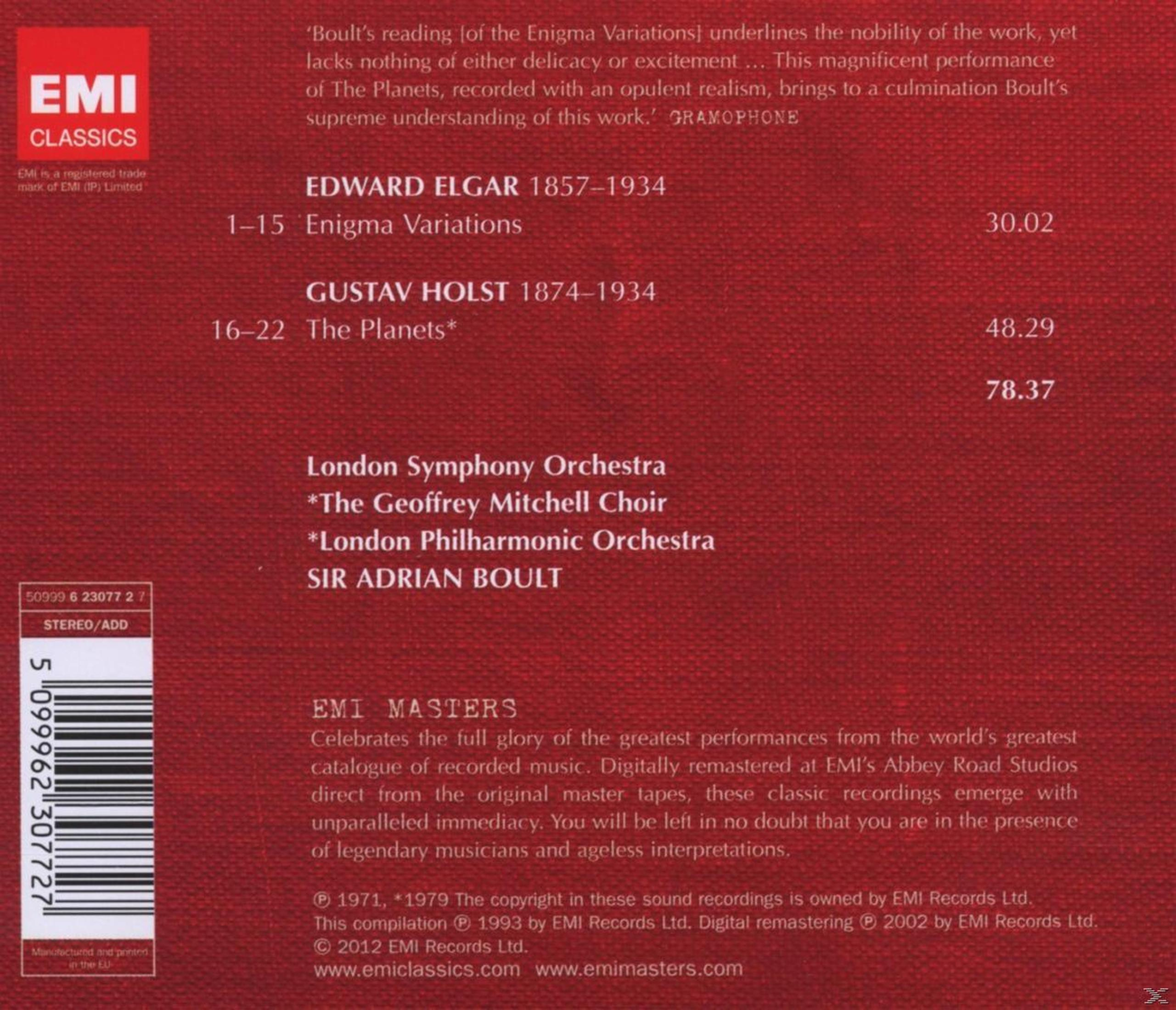 CD-Cover mit Text und Werkverzeichnis. Mit EMI Masters-Logo und Text über Elgar und Holst.