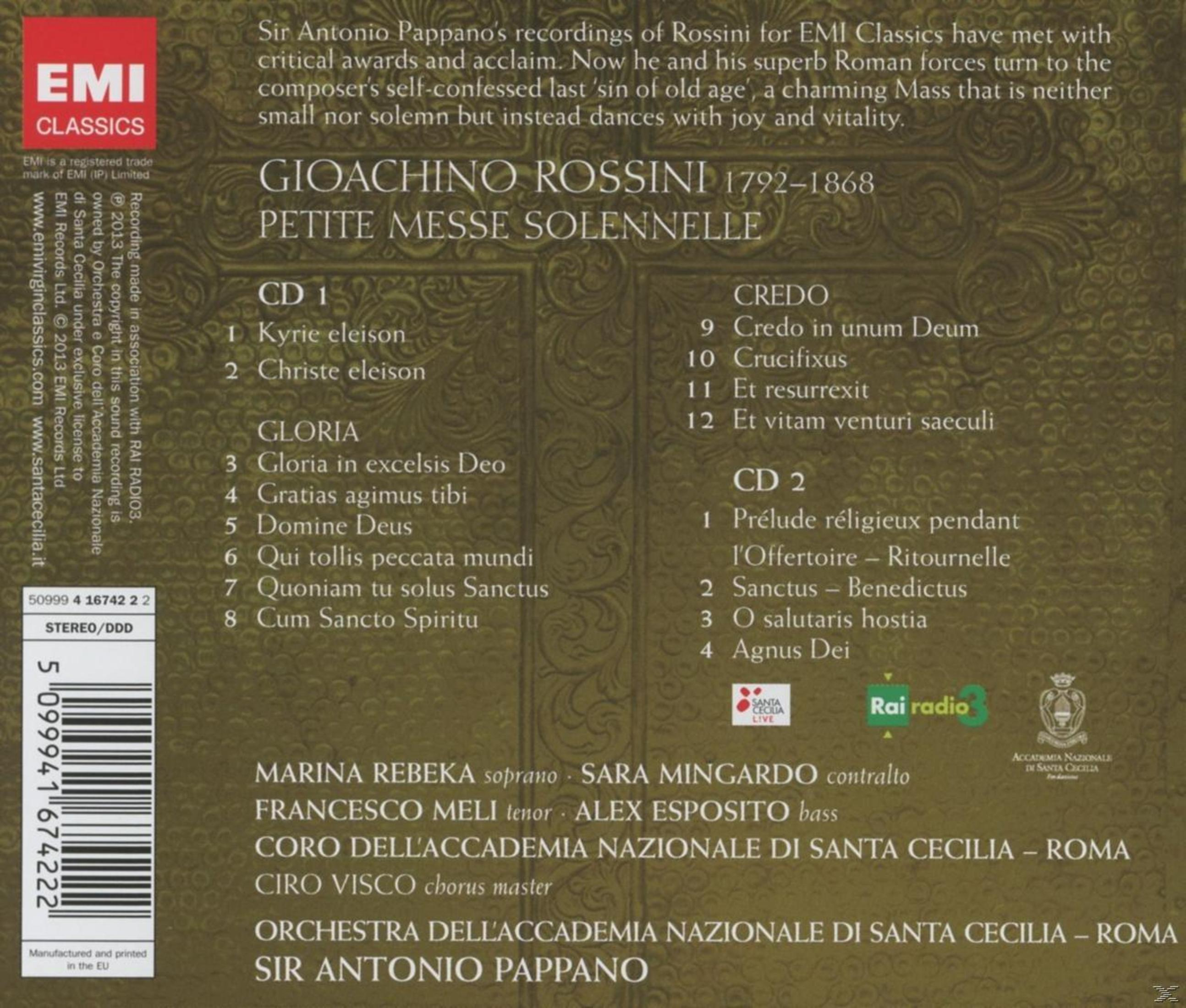 Achterkant van de cd. Tekst: Gioachino Rossini Petite Messe Solennelle, met uitvoerders en tracklijst.