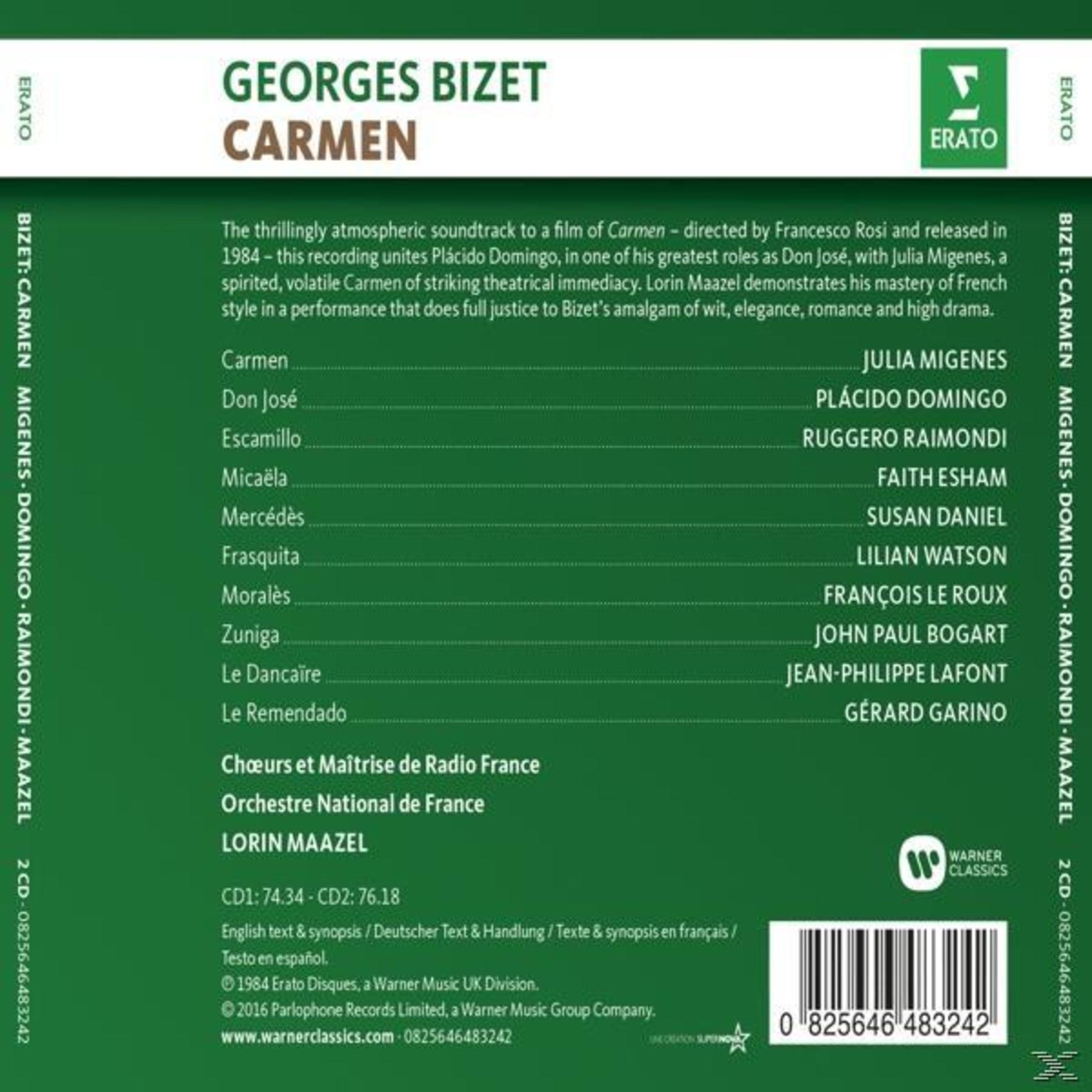 Copertina del CD per Carmen di Bizet. Presenta il cast, il direttore Lorin Maazel e i loghi Erato e Warner Classics.
