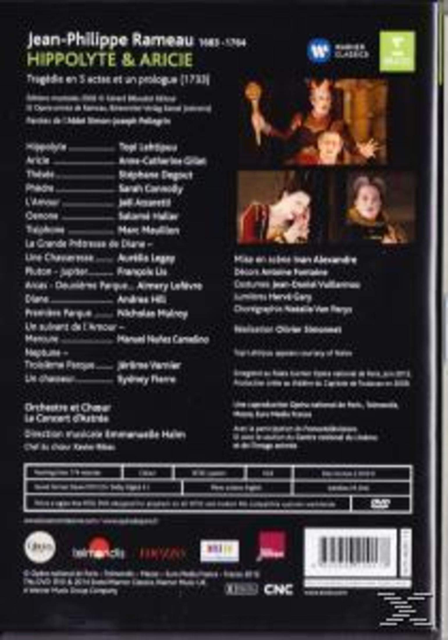 Tylna okładka DVD Hippolyte & Aricie Jeana-Philippe Rameau. Zawiera tekst, obrazy i logo.