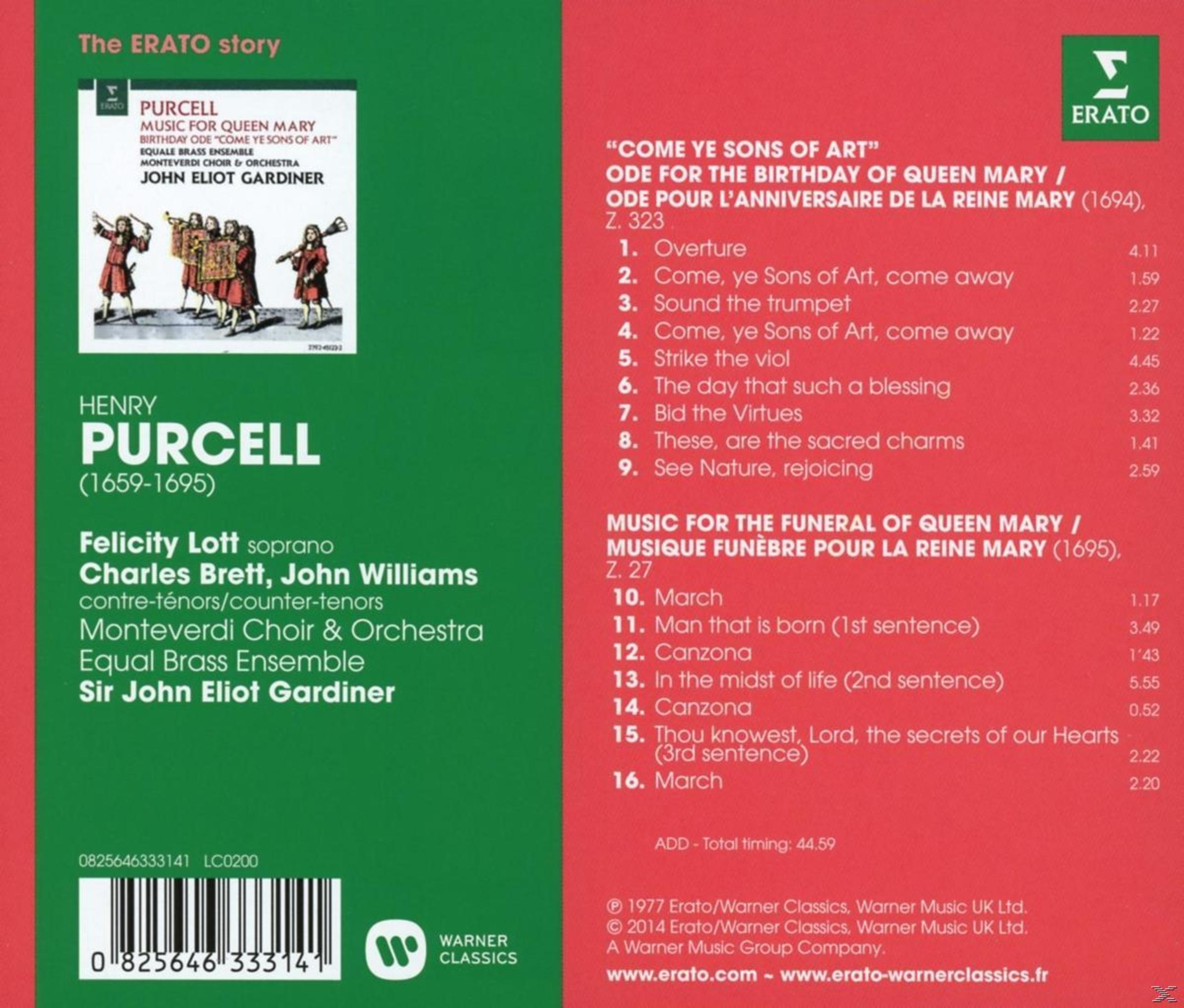 Purcell-Albumcover mit Partitur, Text und einer historischen Darstellung von Musikern in roter Kleidung.