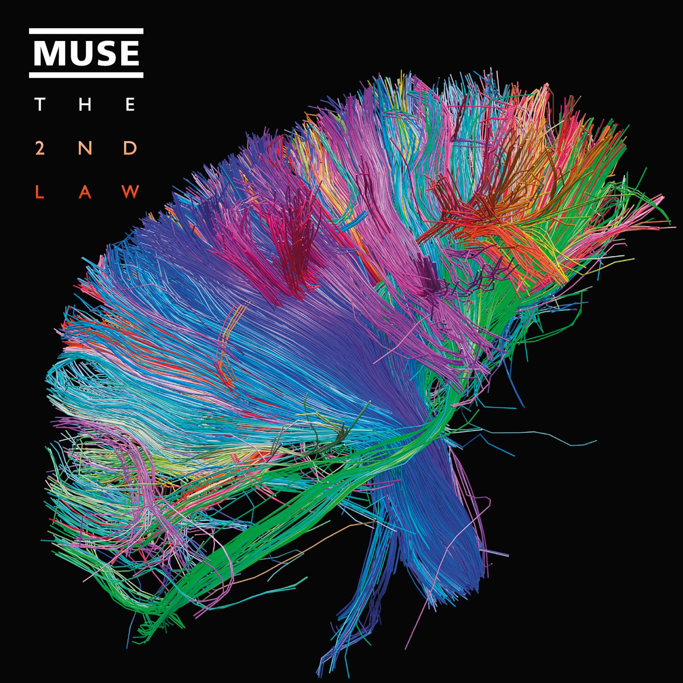 Copertina album, Muse, The 2nd Law, arte astratta cerebrale colorata su sfondo nero.