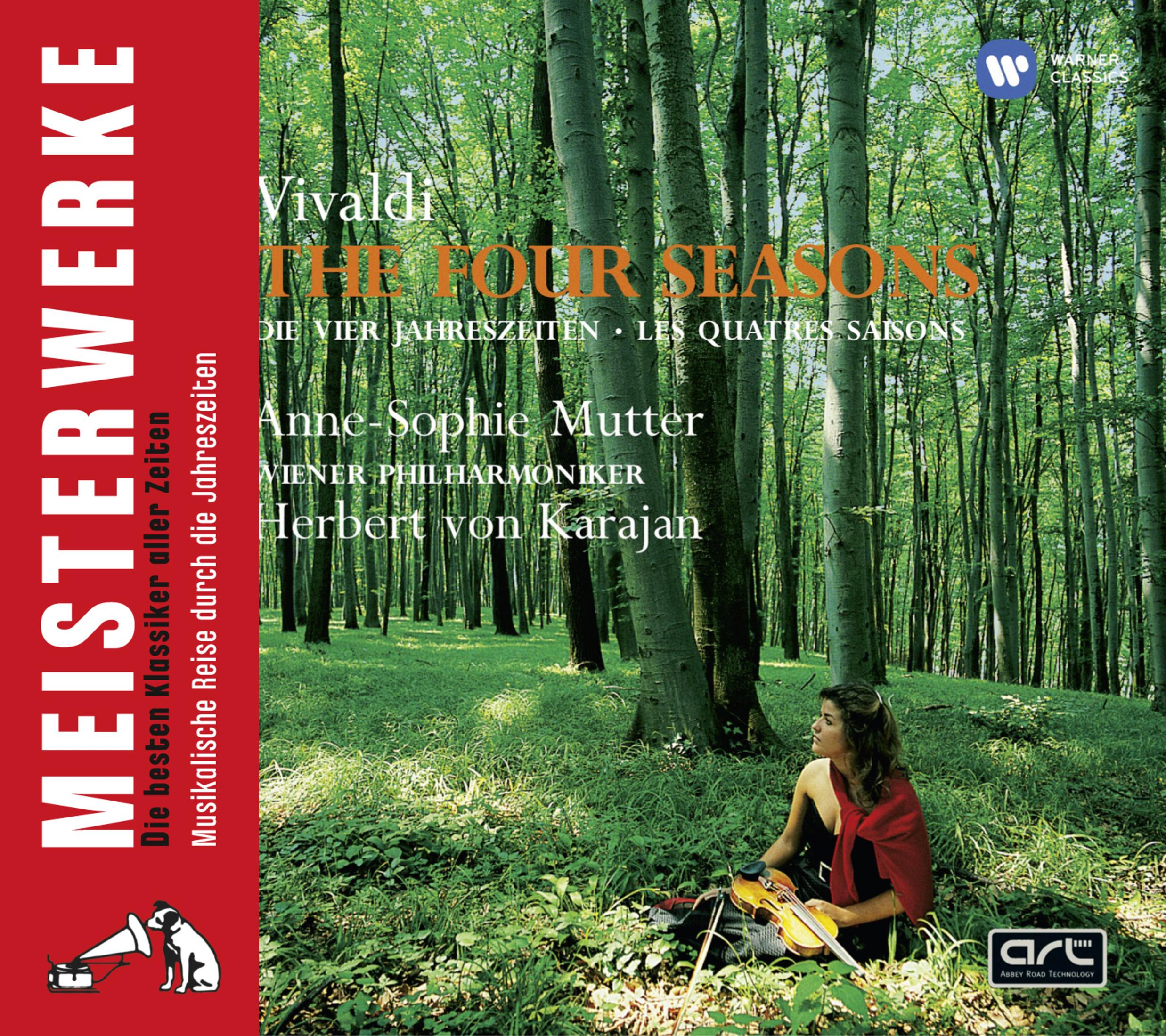 Pochette d'album : Les Quatre Saisons de Vivaldi, avec une femme avec un violon dans une scène de forêt.