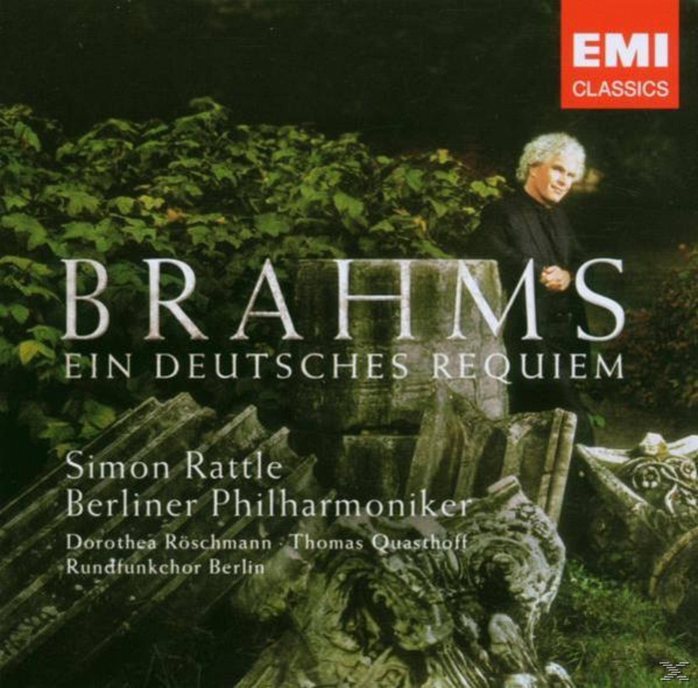 Pochette d'album : Requiem de Brahms, avec un homme en costume et du feuillage.