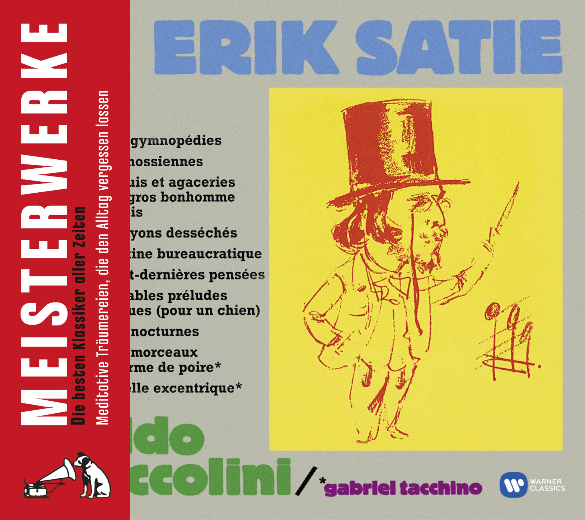 Copertina del CD con un cartone animato di un uomo con un cappello a cilindro e testo sulle opere di Erik Satie.