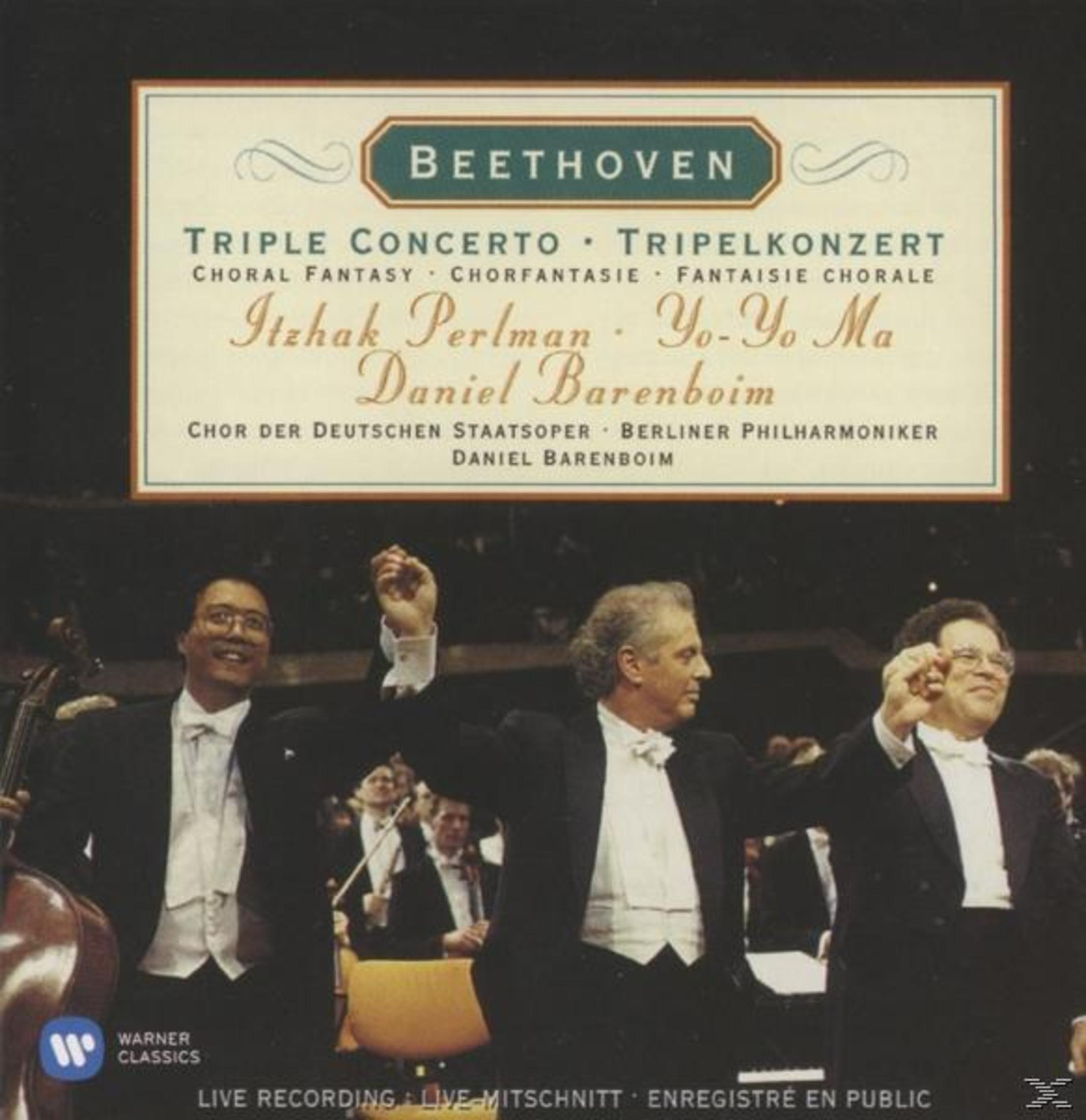 Pochette de l'album : Triple Concerto de Beethoven. Avec Itzhak Perlman, Yo-Yo Ma, Daniel Barenboim et un orchestre.